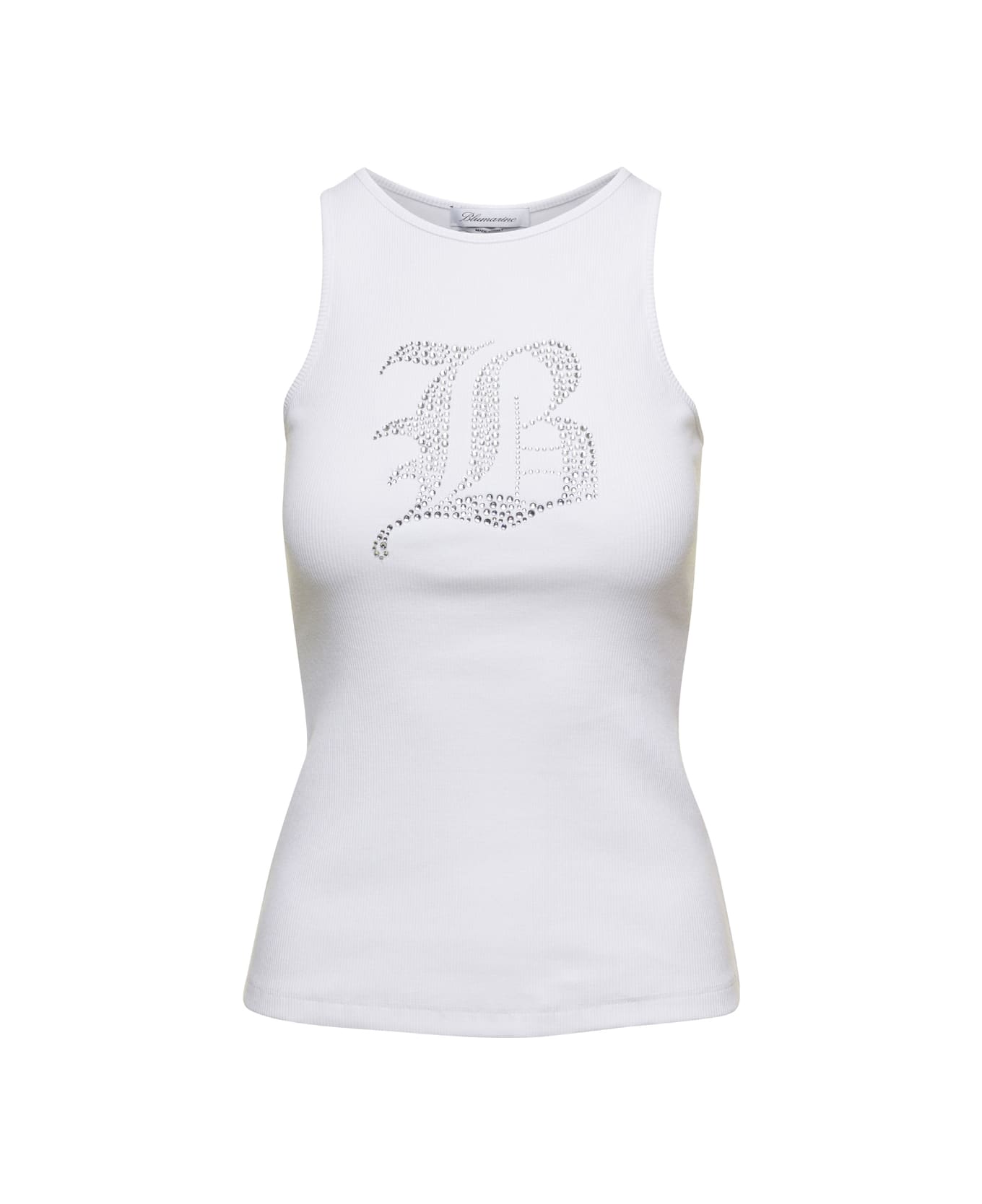 Blumarine White Ribbed Tank Top With Rhinestone Logo In Cotton Woman - White