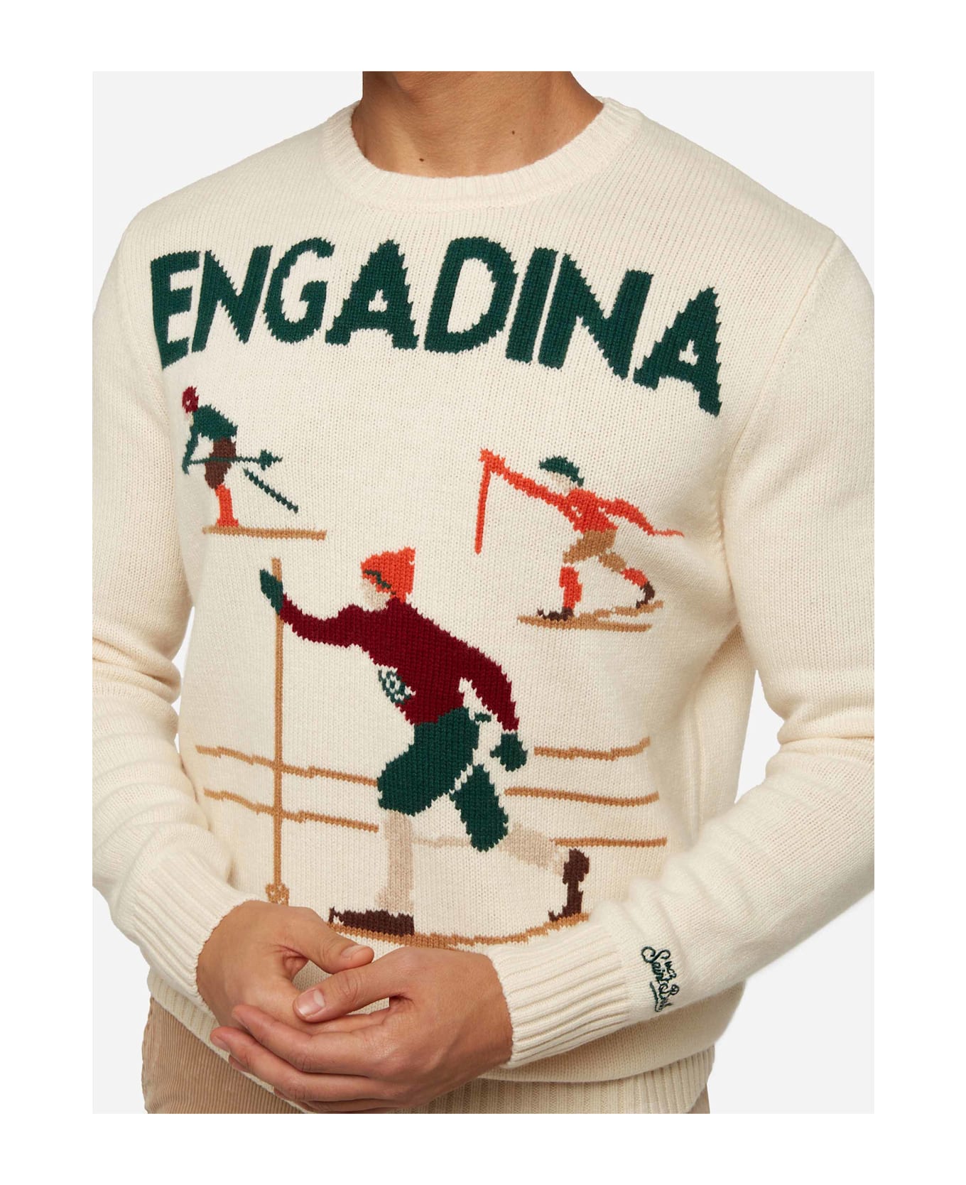 MC2 Saint Barth White Sweater Bombardino Light With Engadina Skiers Jacquard - WHITE