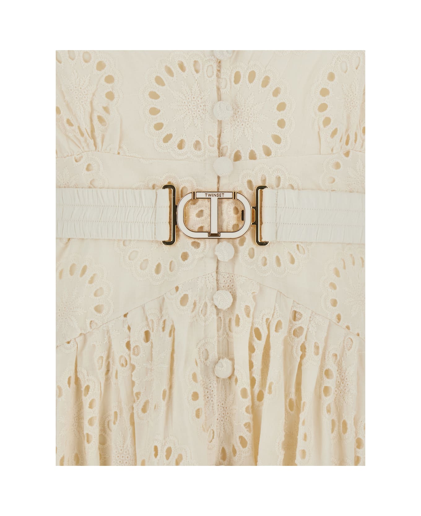 TwinSet White Long Dress With V-neck And Waist Belt With Metallic Logo Plaque In Cotton Woman - White