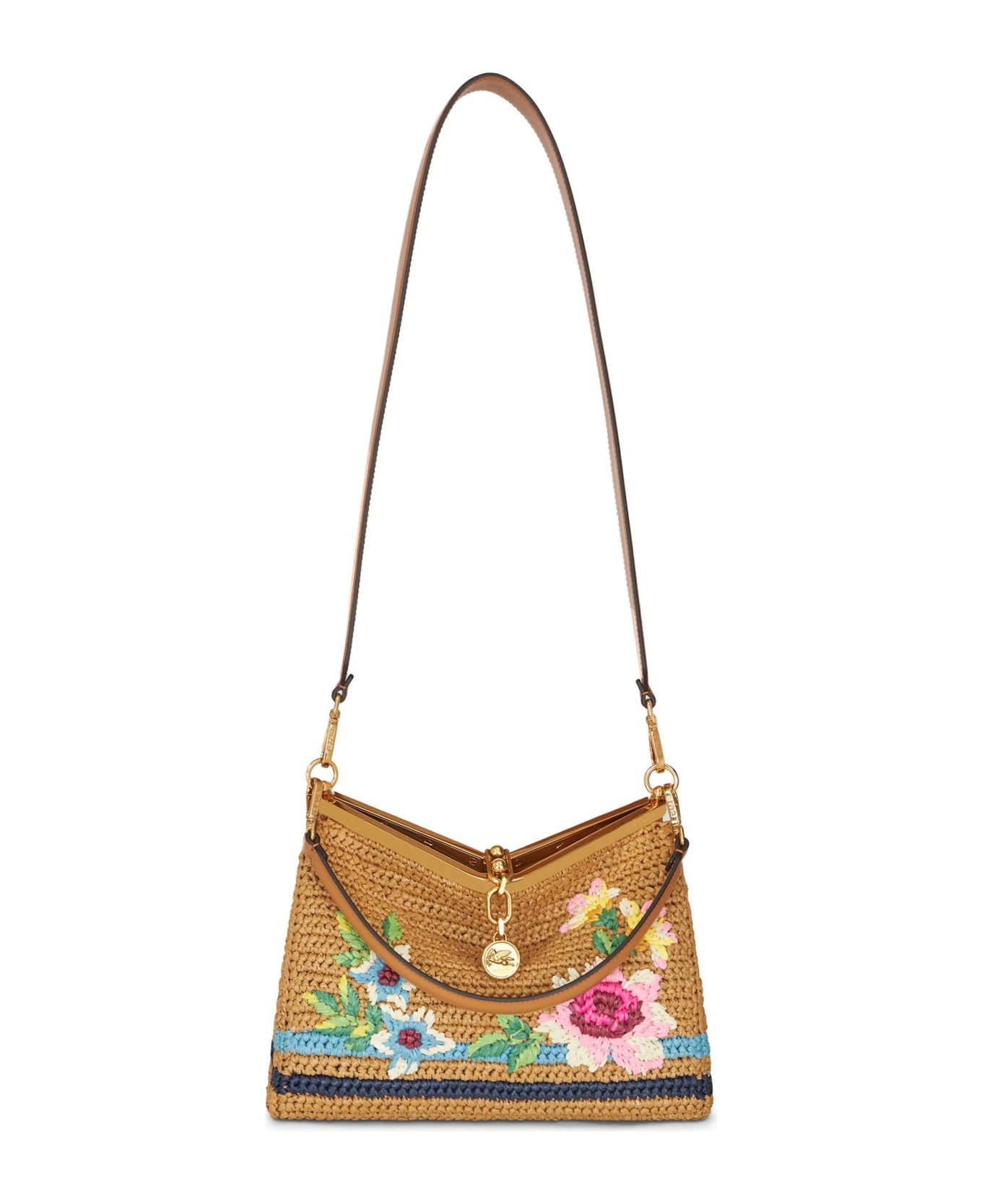 Etro Vela Medium Bag In Raffia With Embroidery - Brown