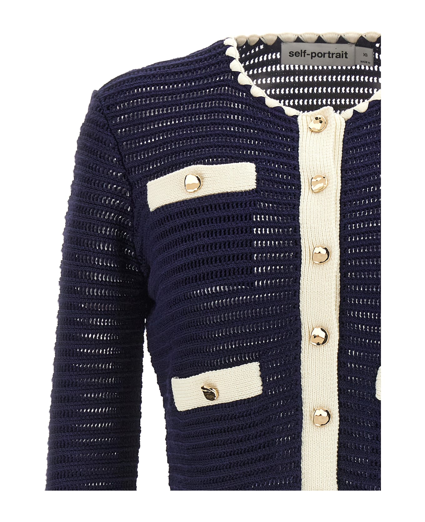 self-portrait 'navy Crochet Contrast Trim' Cardigan - Blue