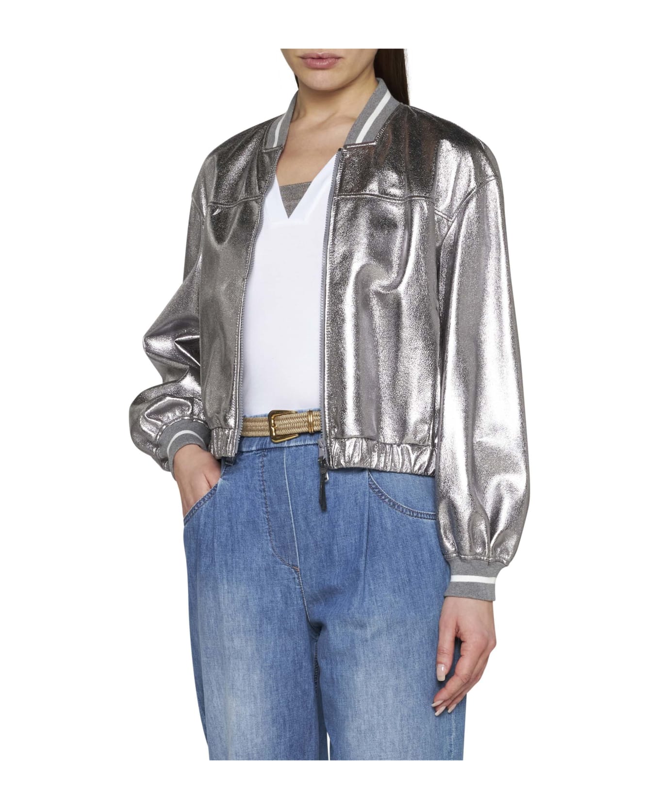 Brunello Cucinelli Laminated Leather Bomber Jacket - Silver