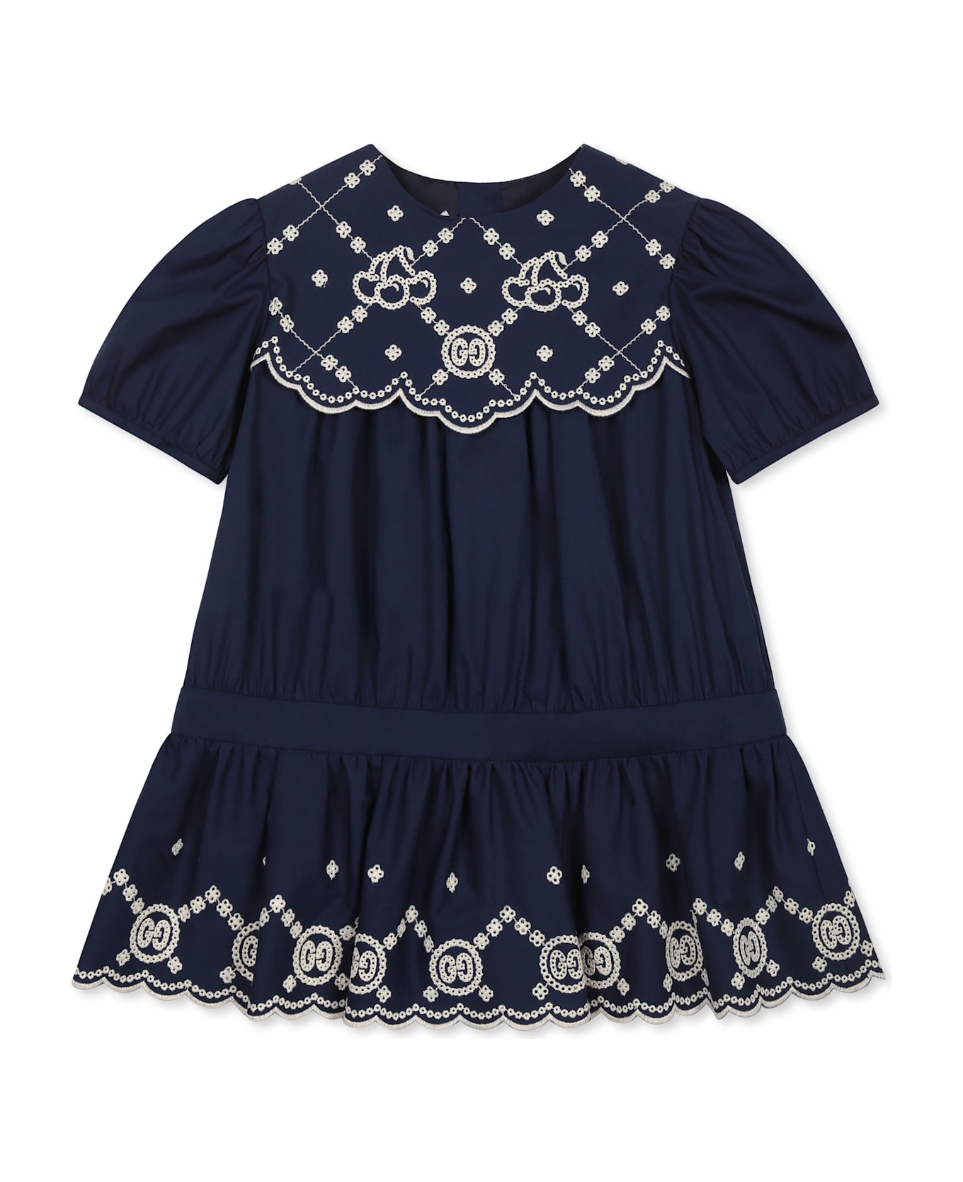 Gucci Blue Dress For Baby Girl With Gg Cherry Embroidery - Blue