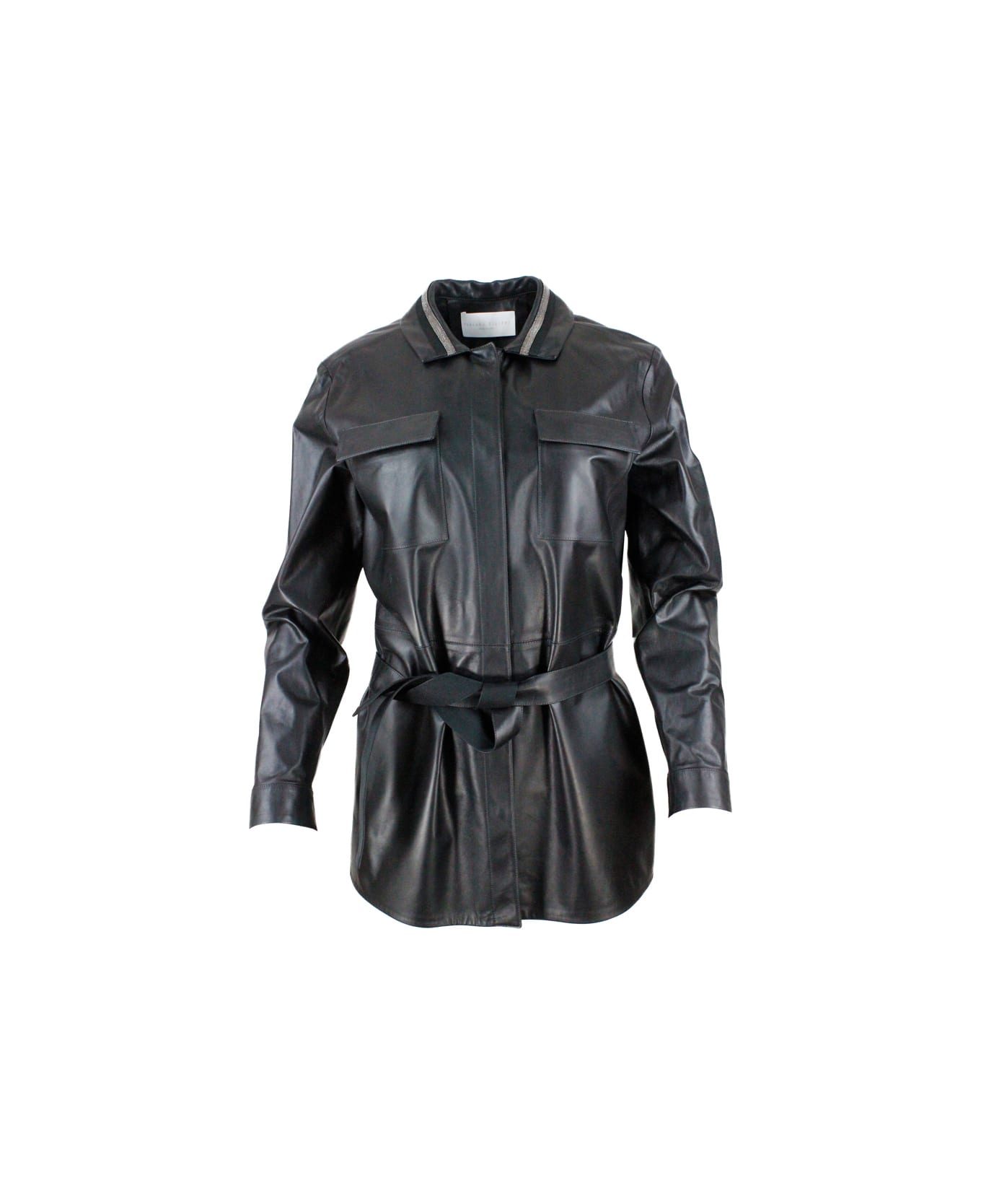 Fabiana Filippi Leather Shirt Jacket With Button Closure, With Belt And With Monile On The Collar - Black コート