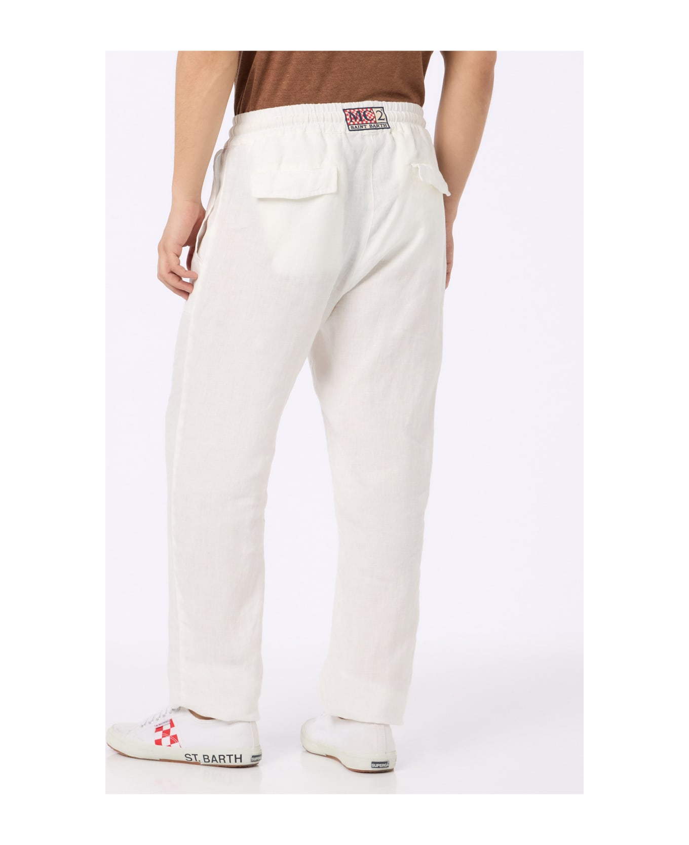 MC2 Saint Barth Man White Linen Calais Pants With Drawstring - WHITE