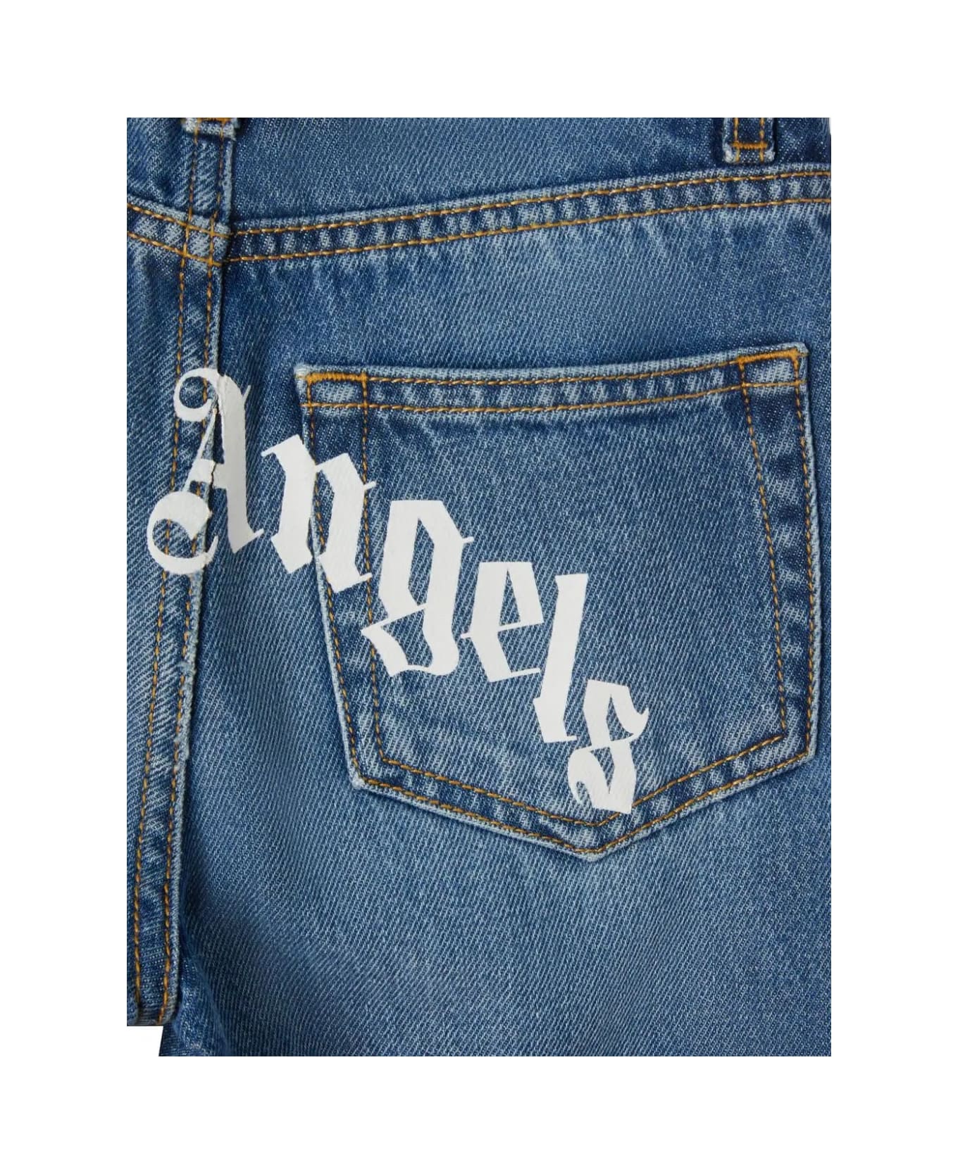Palm Angels Blue Straight-leg Jeans With Curved Logo - Blue ボトムス