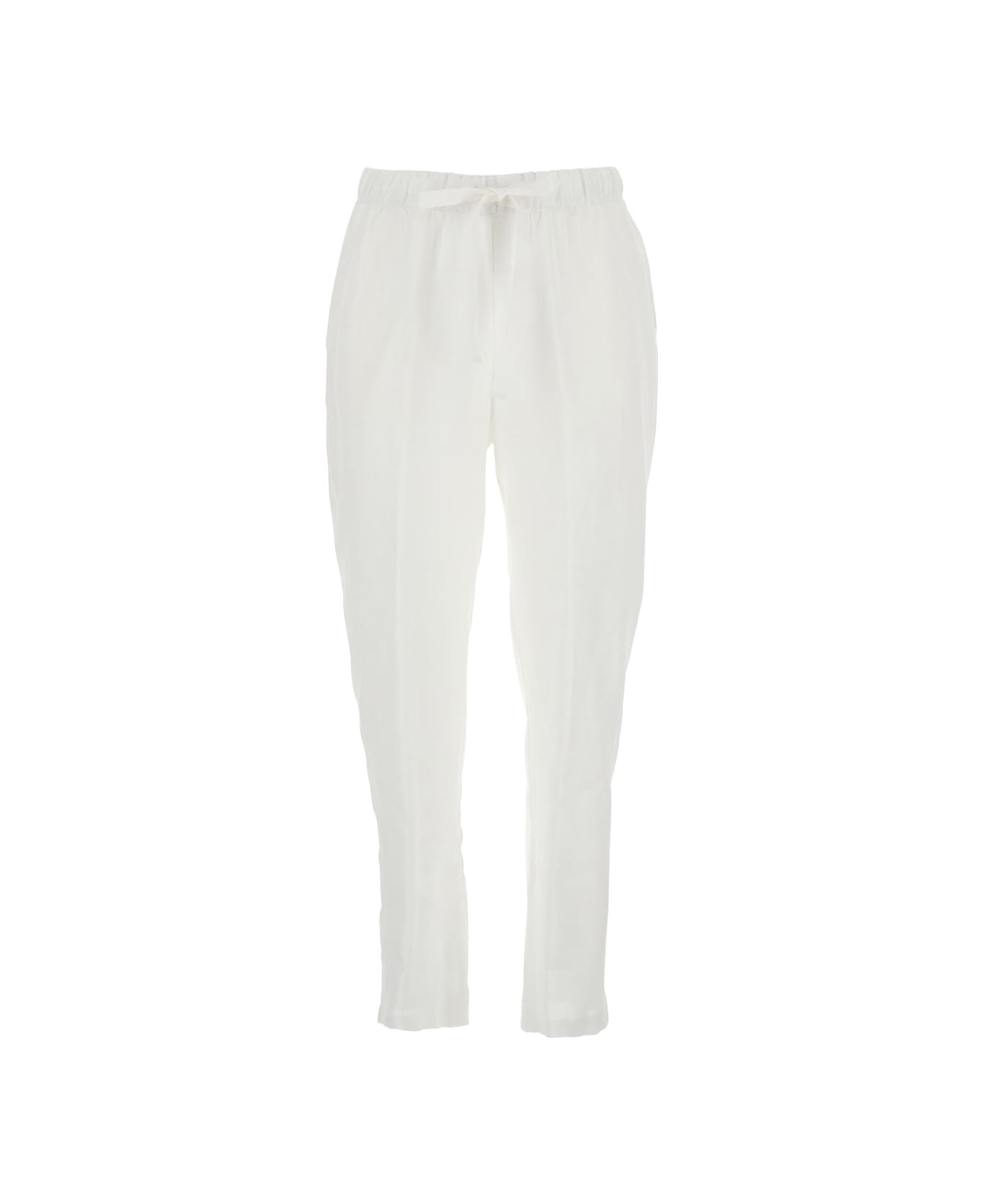 SEMICOUTURE White Pants With Elastic Waist With Drawstring In Linen Woman - White