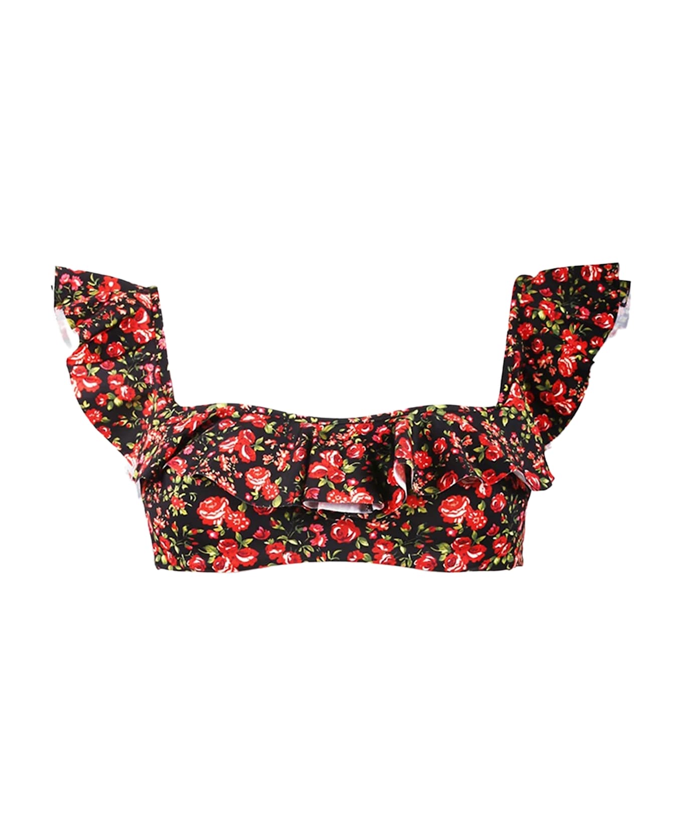 MC2 Saint Barth Ruffled Bandeau Top With Flower Print - BLACK