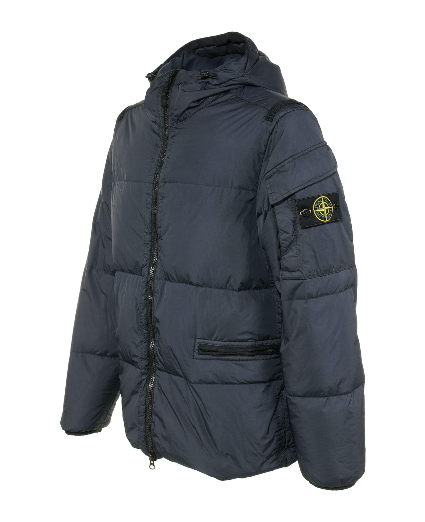 Stone Island Down Jacket With Logo On The Sleeve - NAVY  BLUE