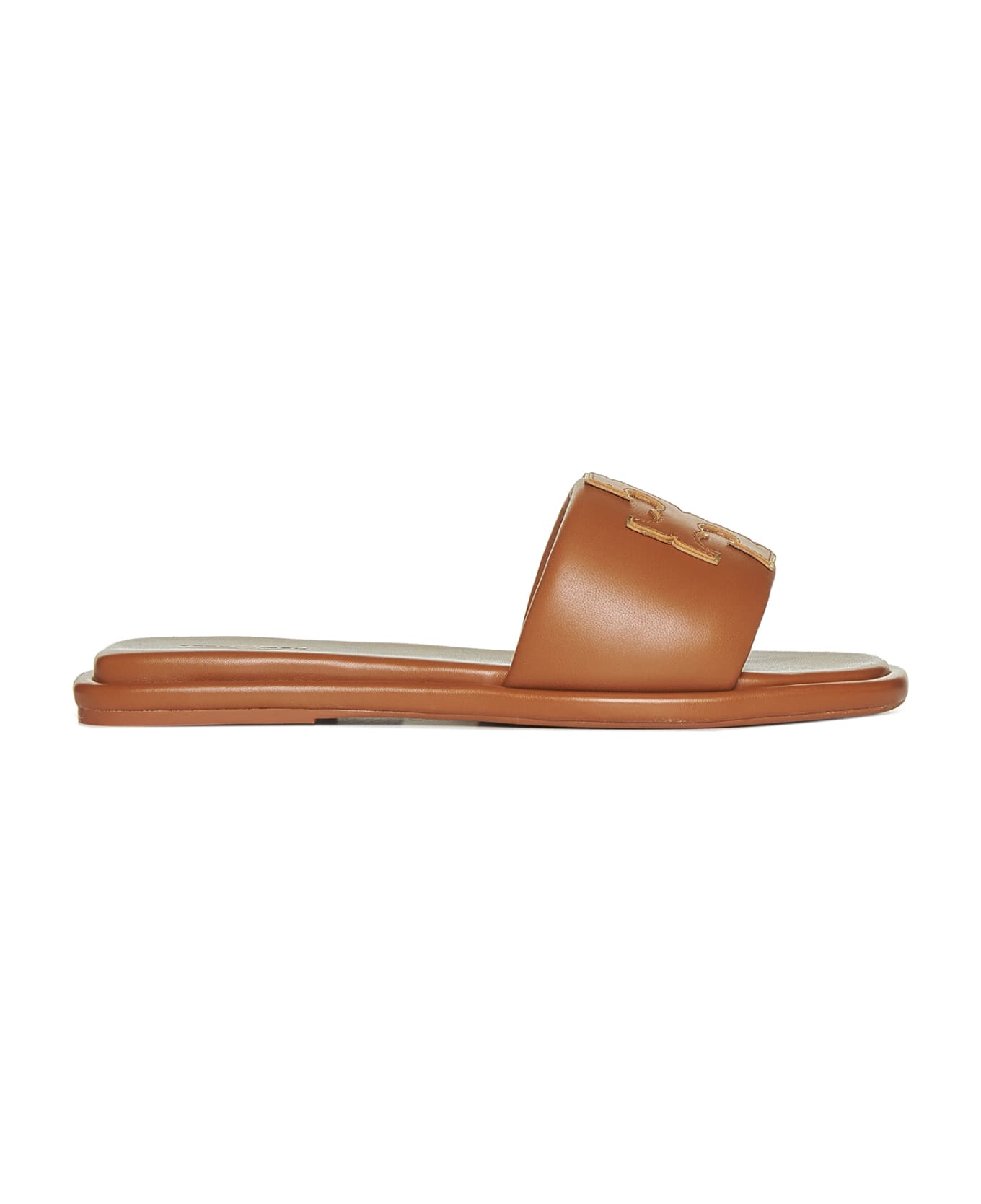 Tory Burch Double T Leather Slides - Brown サンダル
