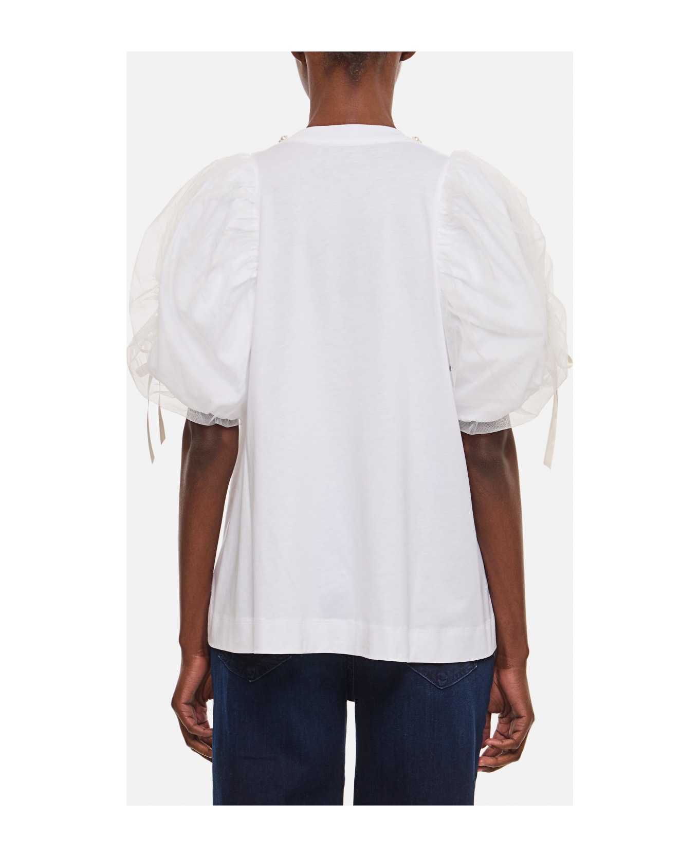 Simone Rocha Beaded Tulle Overlay Puff Sleeve T-shirt W/ Bow - White