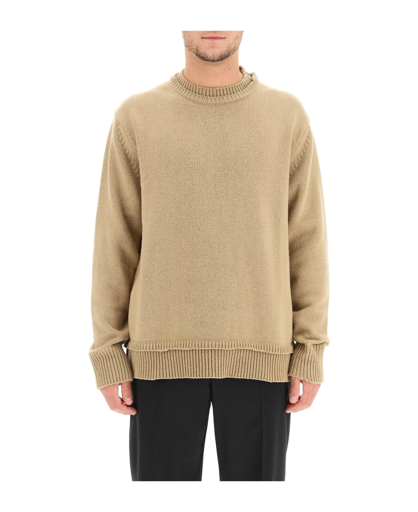 Maison Margiela Crew Neck Sweater With Elbow Patches - Beige