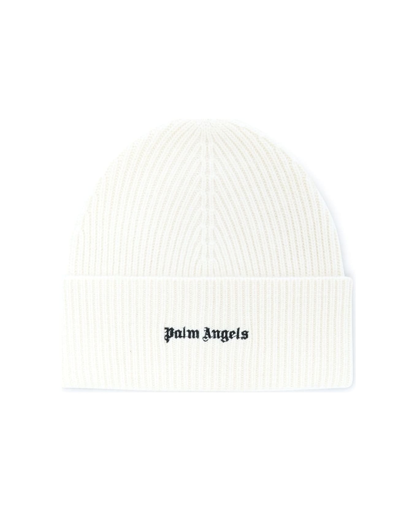 Palm Angels White Ribbed Hat With Logo - White