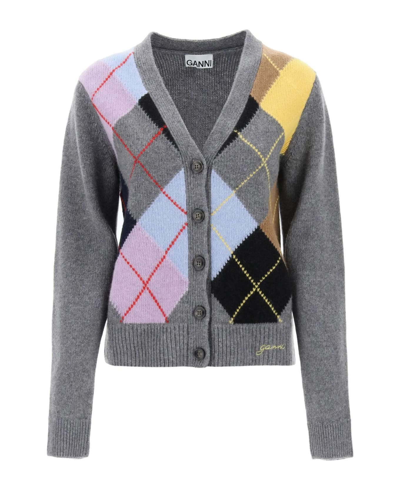 Ganni Cardigan With Argyle Pattern - FROST GRAY