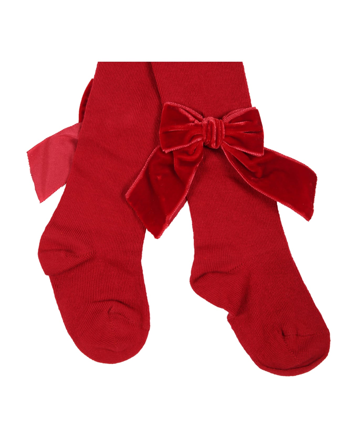 Story Loris Red Tights For Girl With Velvet Bows - Red アンダーウェア
