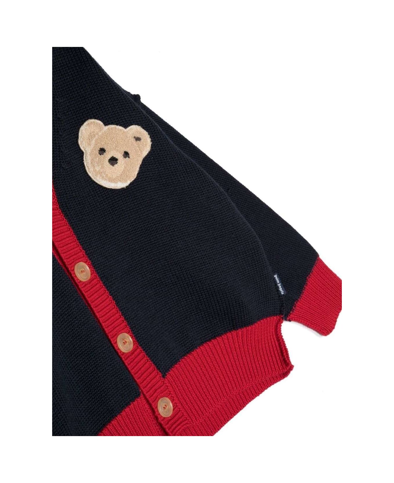 Palm Angels Knitted Cardigan With Teddy Bear Logo Patch In Blue And Red Wool Boy - Blu