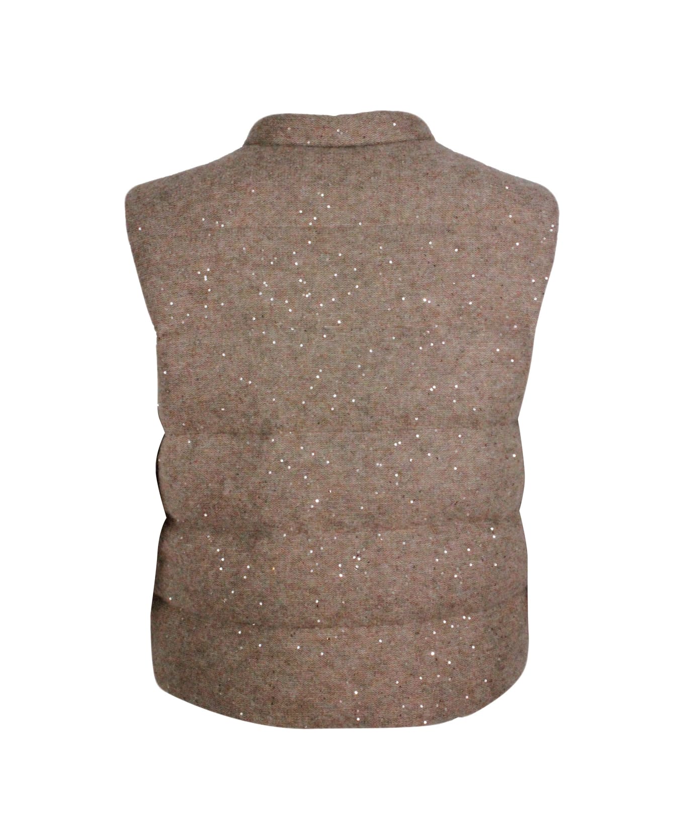 Fabiana Filippi Sleeveless Vest Padded With Real Goose Down In Wool, Silk And Cashmere Embellished With Micro Sequins - Nut ベスト