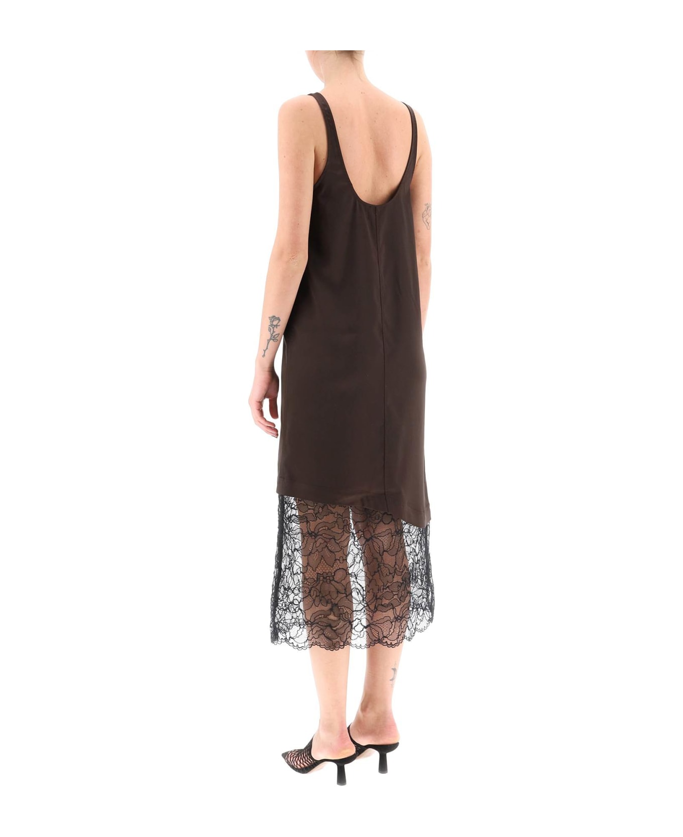 Ganni Satin Slip Dress With Lace Insert - MOLE (Brown)