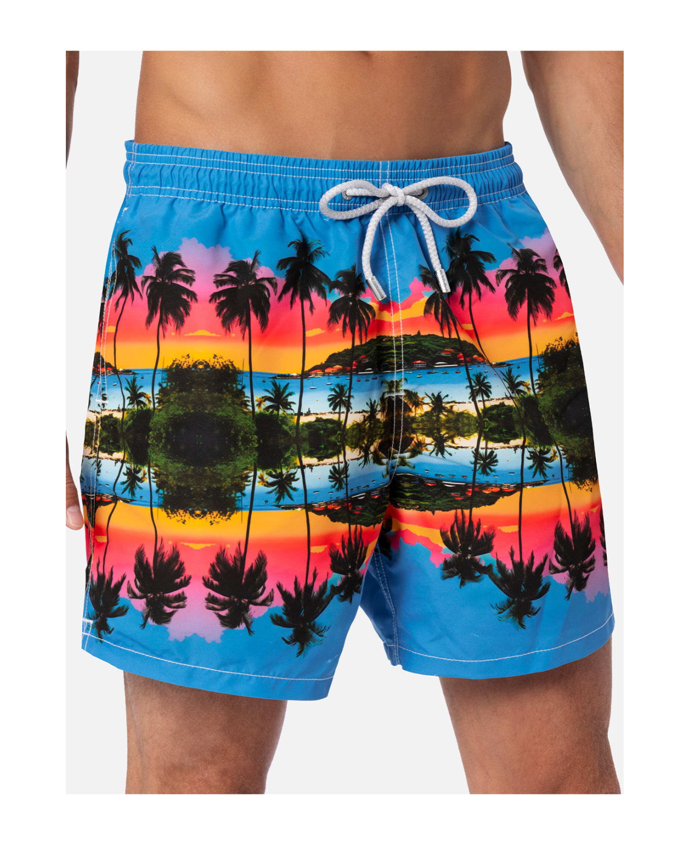 MC2 Saint Barth Man Mid-length Gustavia Swim-shorts With Palms Landscape Placed Print | Ai Co-created Design By Rickdick - Powered By Red-eye - GREEN