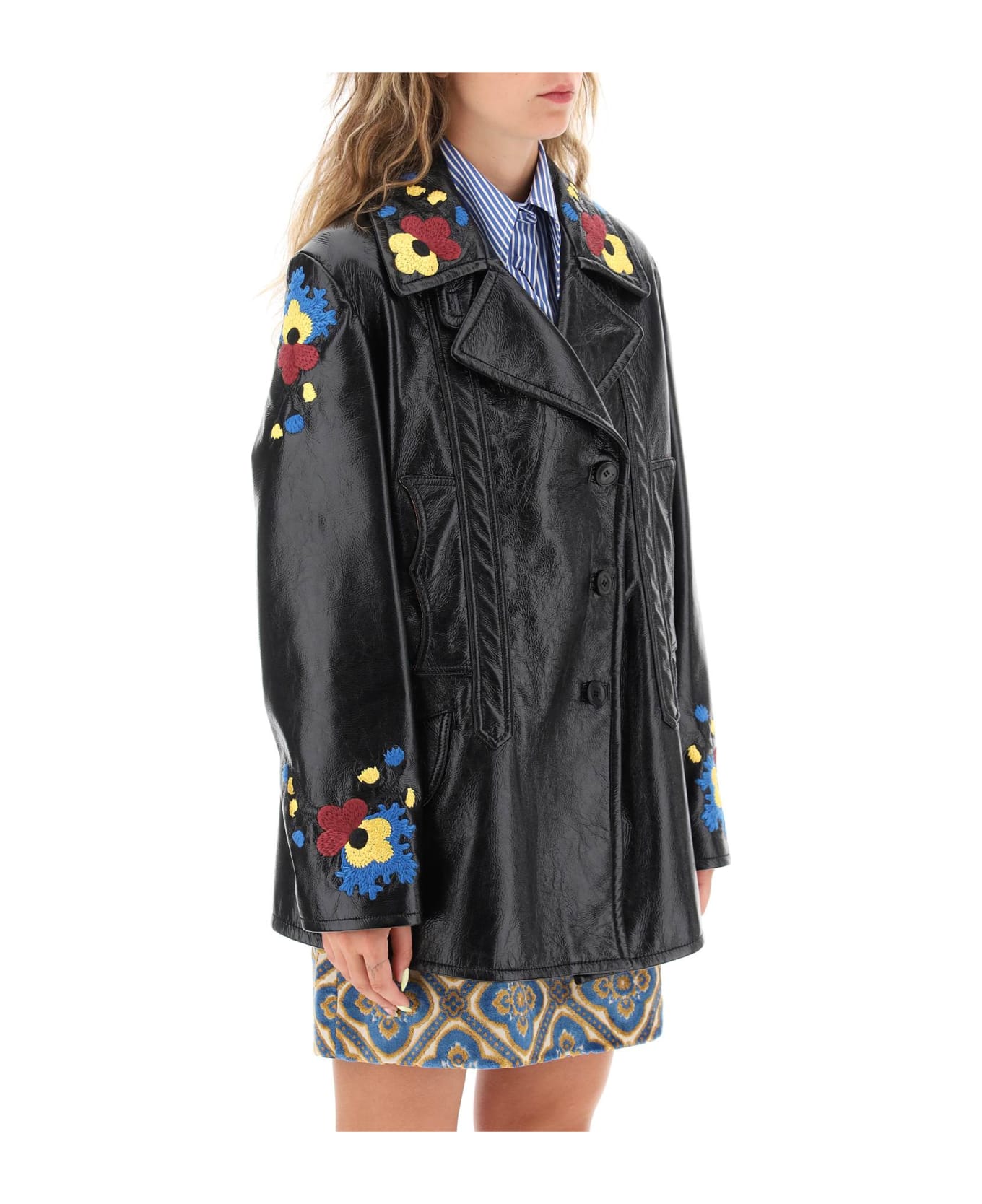 Etro Jacket In Patent Faux Leather With Floral Embroideries - BLACK (Black)