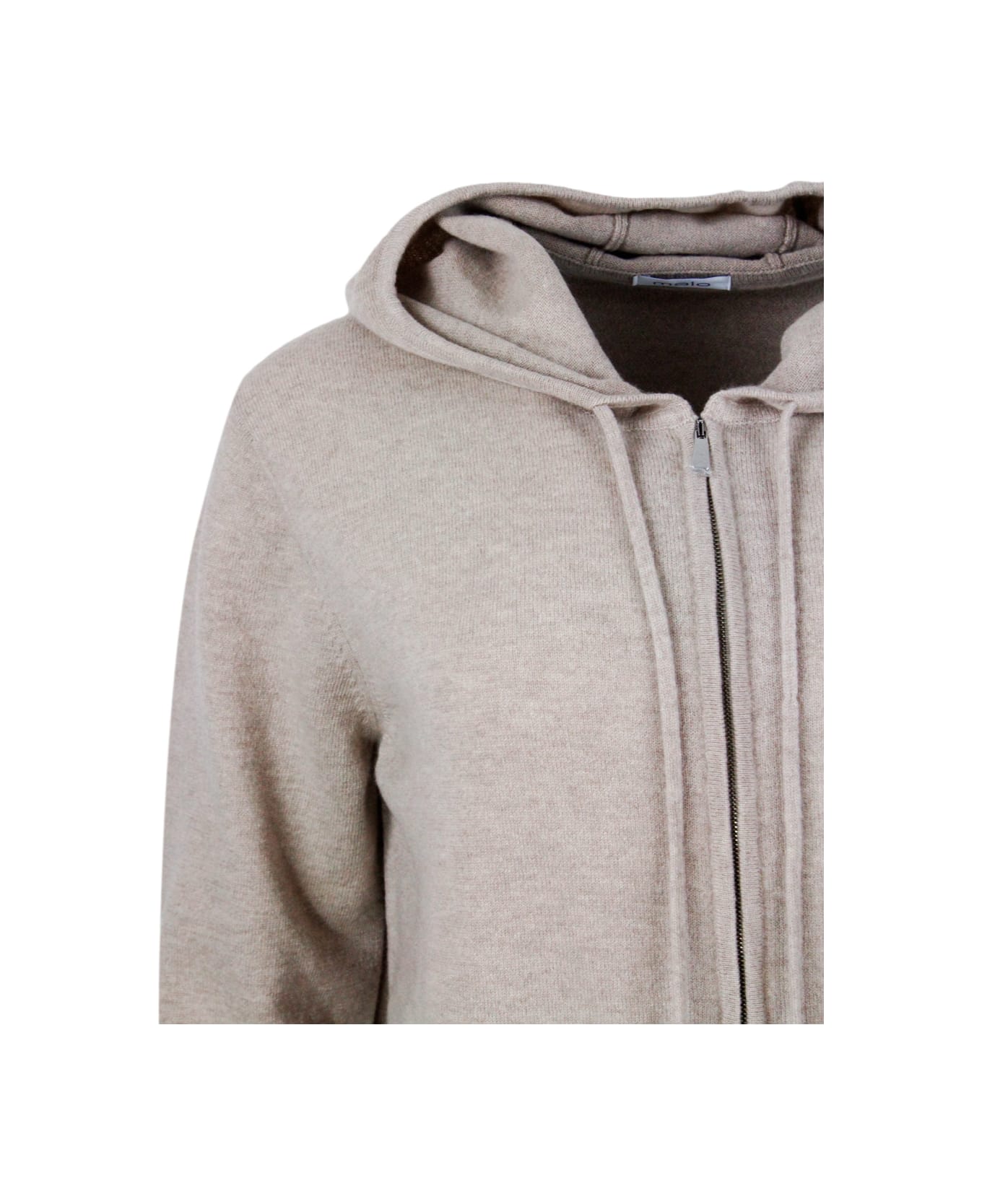 Malo Sweatshirt Style Sweater In Pure And Soft Cashmere With Hood And Zip Closure - Beige