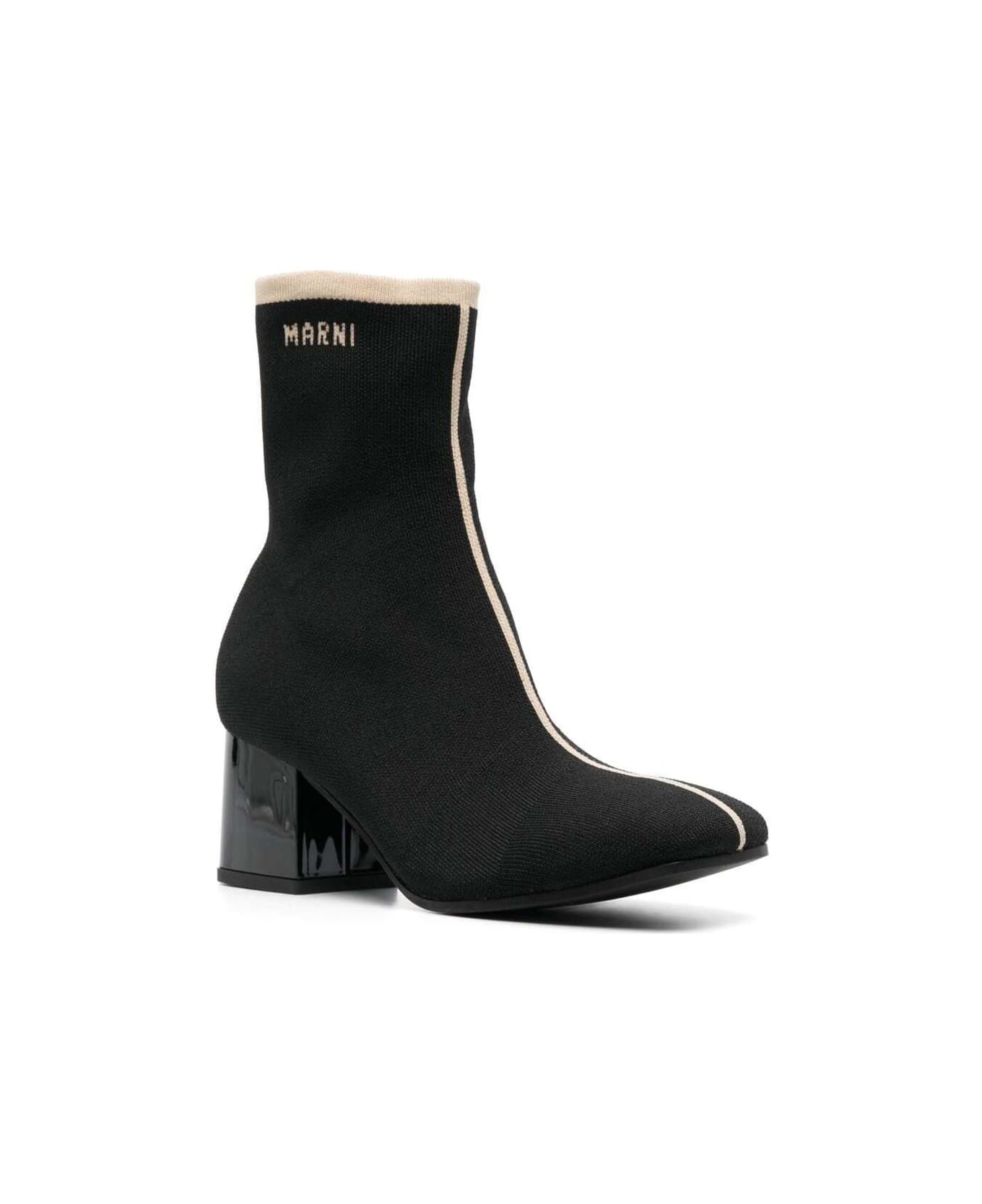 Marni Black Ankle Boot In Leather With Medium And Wide Heel Ecru-colored Details - Black