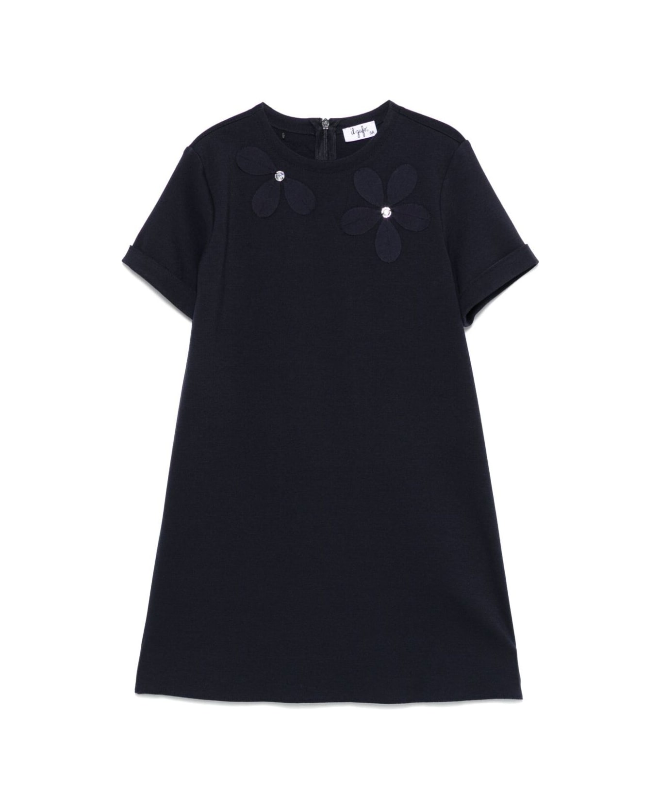 Il Gufo Blue Crewneck Dress With Floral Patches On The Front And Rear Concealed Zip Closure In Viscose Blend Stretch Girl - Blu