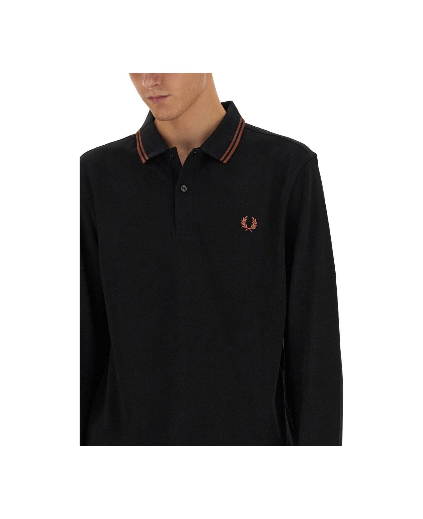 Fred Perry Logo Embroidered Polo Shirt - Black/whiskybrwn