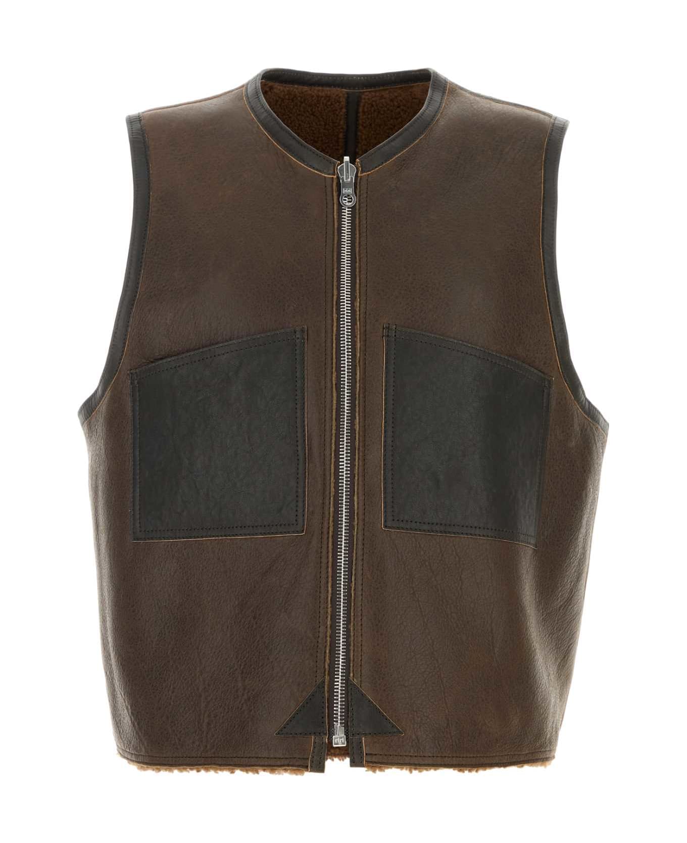 Our Legacy Brown Leather Reversible Vest - RUSTIC GRAIN BROWN SHEARLING