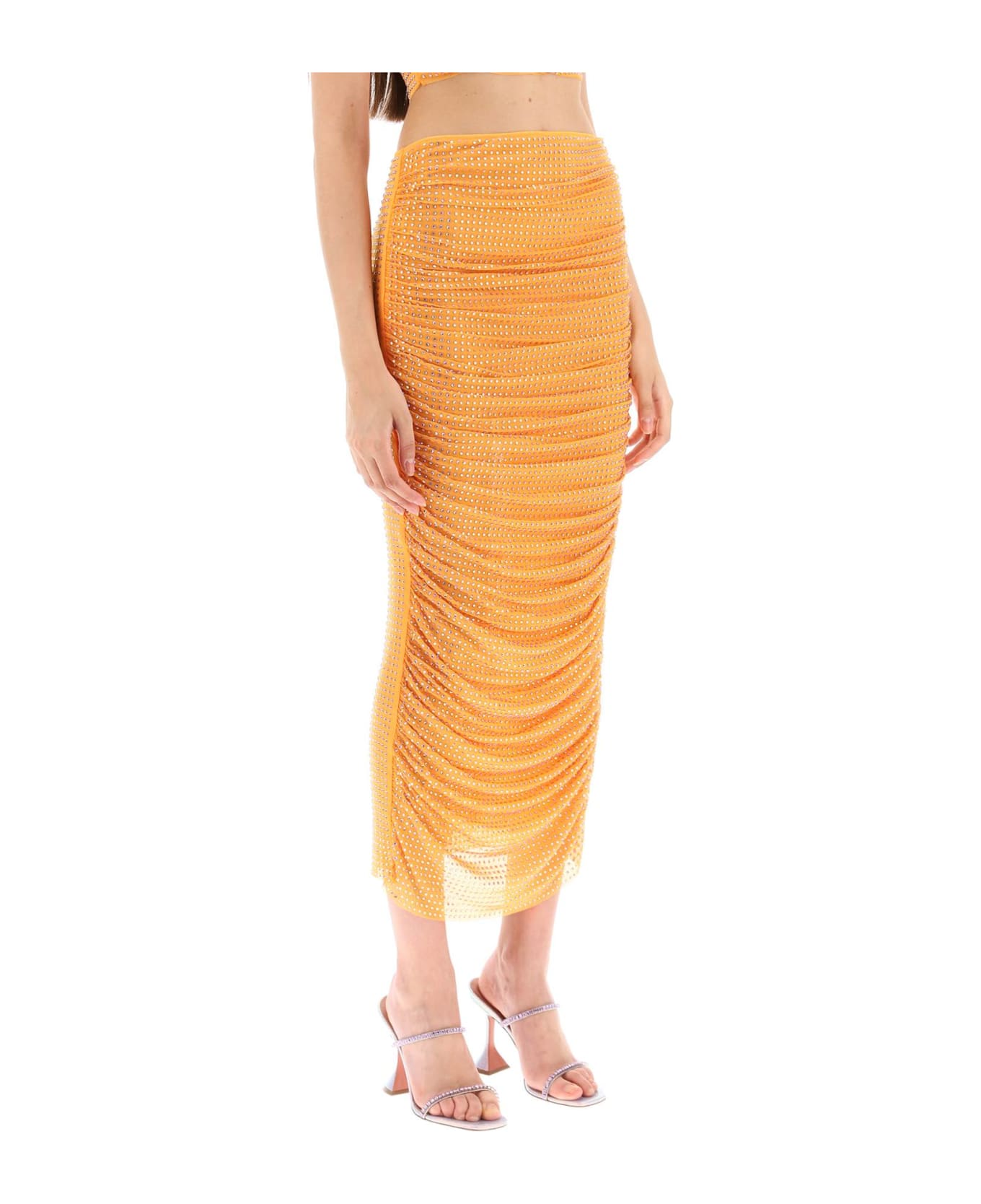 self-portrait Draped Pencil Skirt With Rhinestones - ORANGE (Orange)