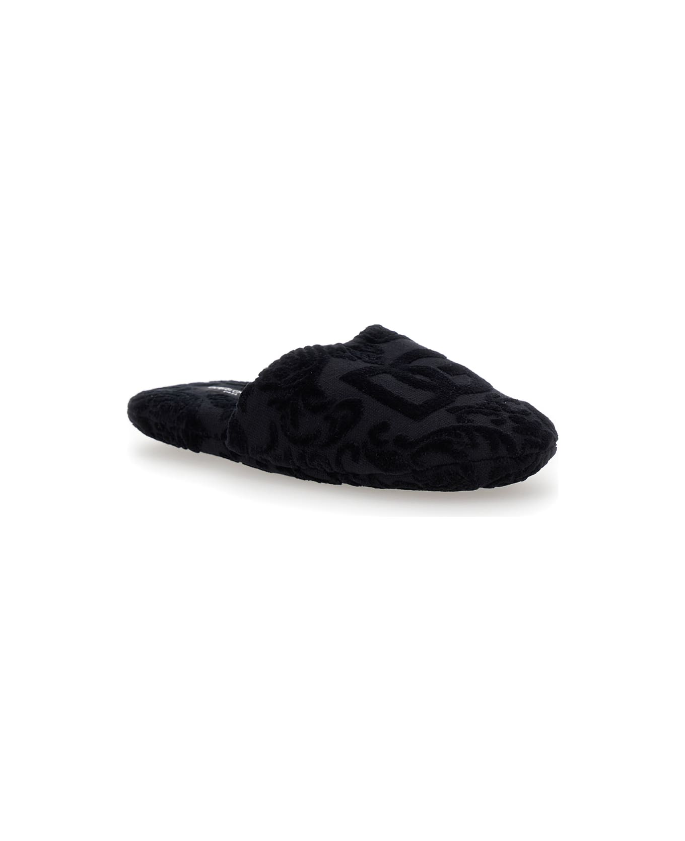 Dolce & Gabbana Black Slippers With Dg Logo Jacquard In Cotton Terry - Black