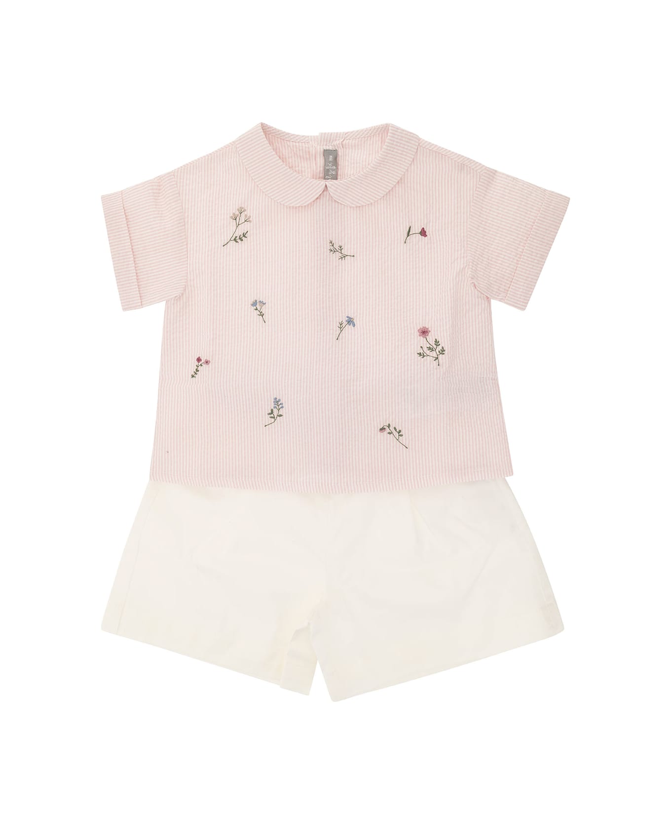 Il Gufo Pink And White Shirt And Shorts Suit In Stretch Cotton Girl - Pink