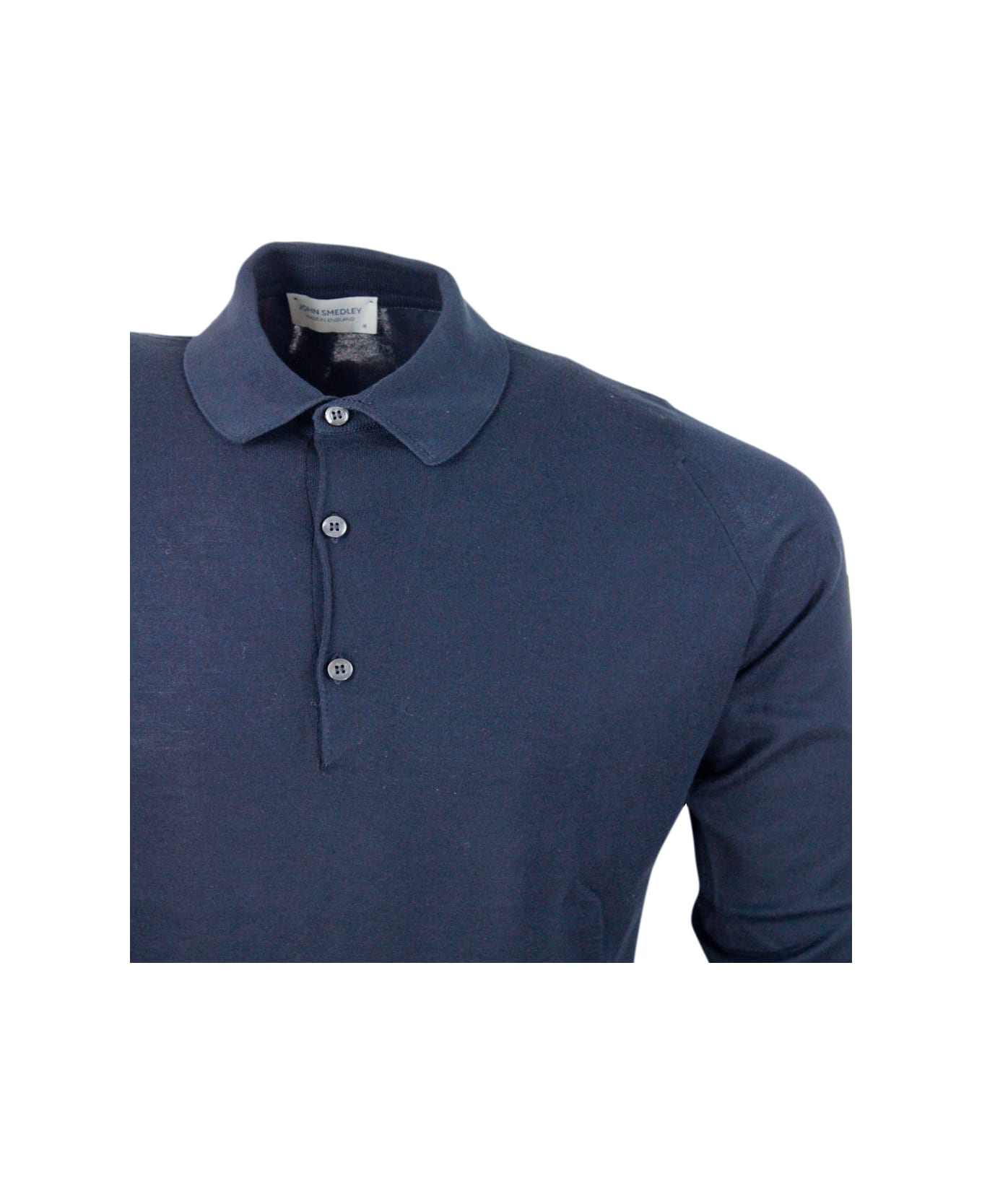 John Smedley Long-sleeved Polo Shirt In Extrafine Cotton Thread With Three Buttons - Blu