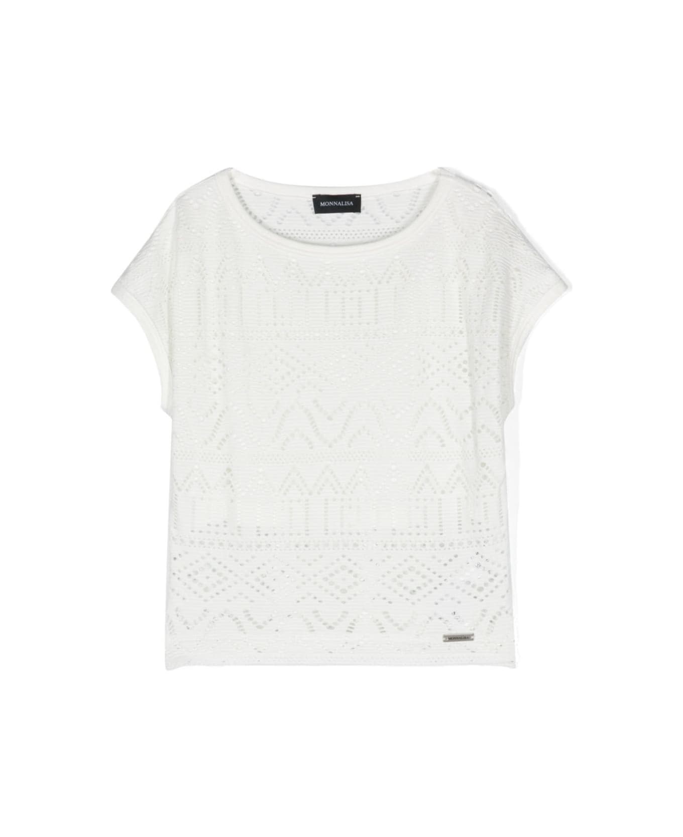 Monnalisa White Short Sleeve Top With Logo Plaque In Lace Girl - White