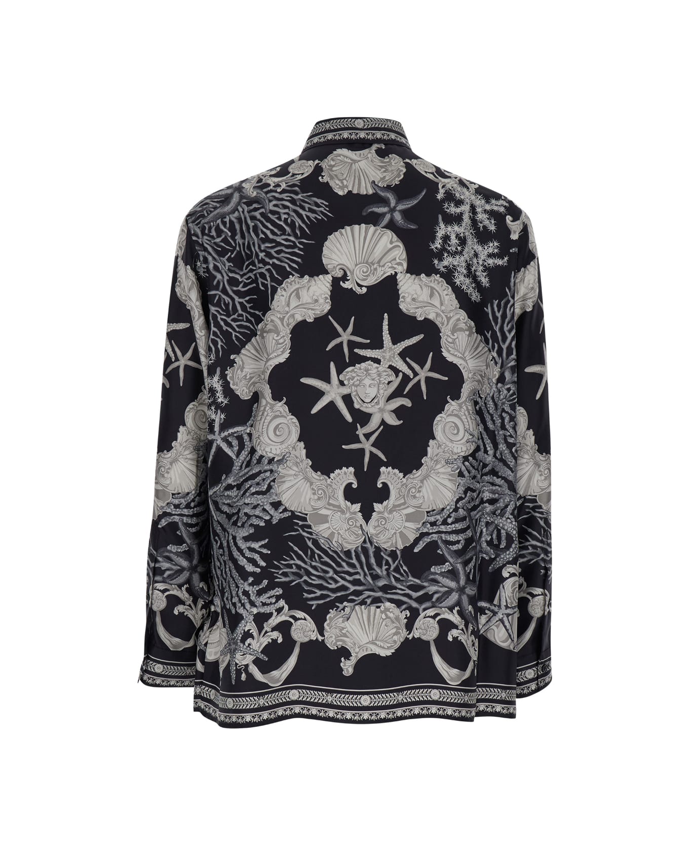 Versace Sea Printed Long Sleeved Buttoned Shirt - Black