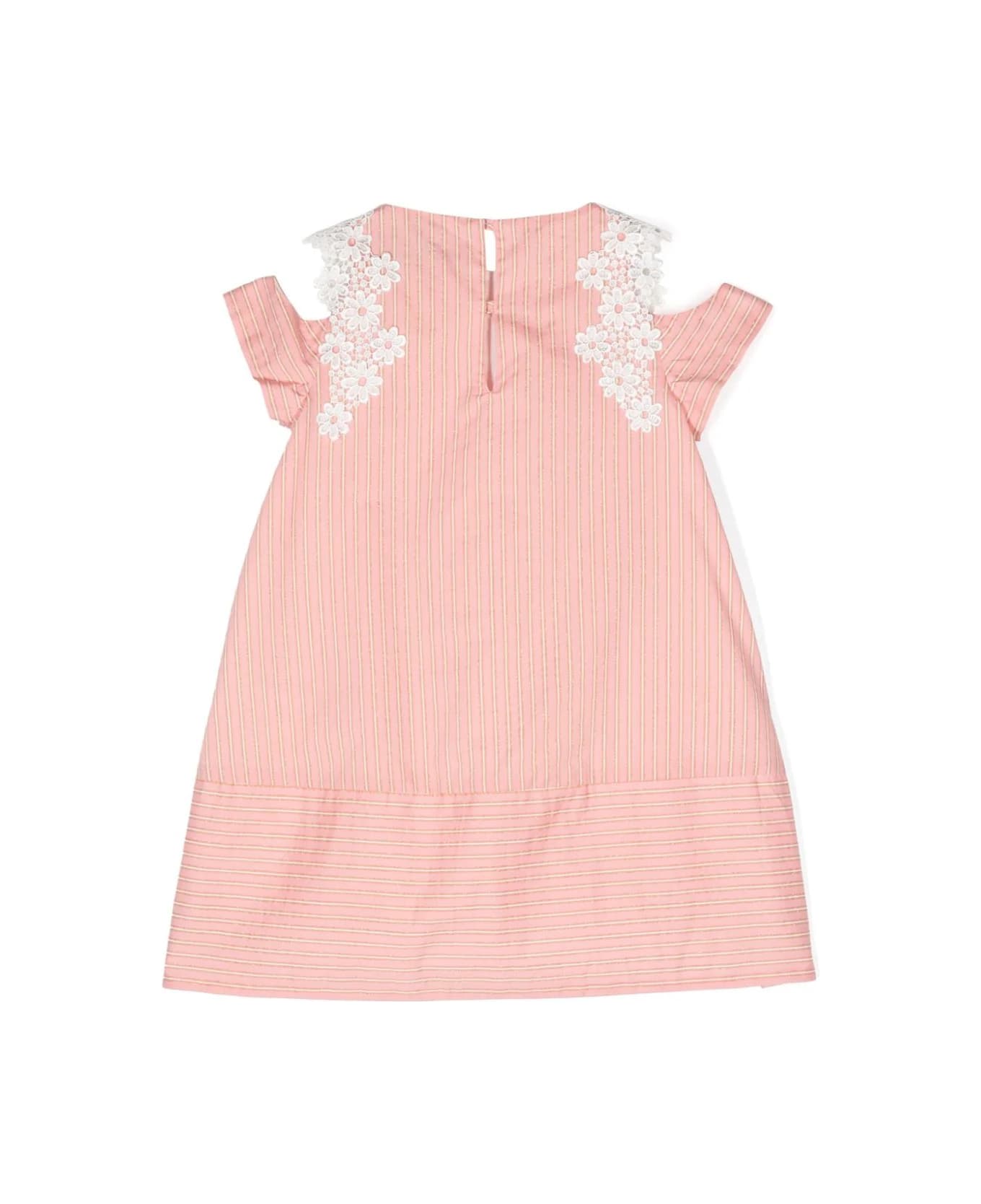 Simonetta Pink Lamé Striped Dress With Lace - Pink