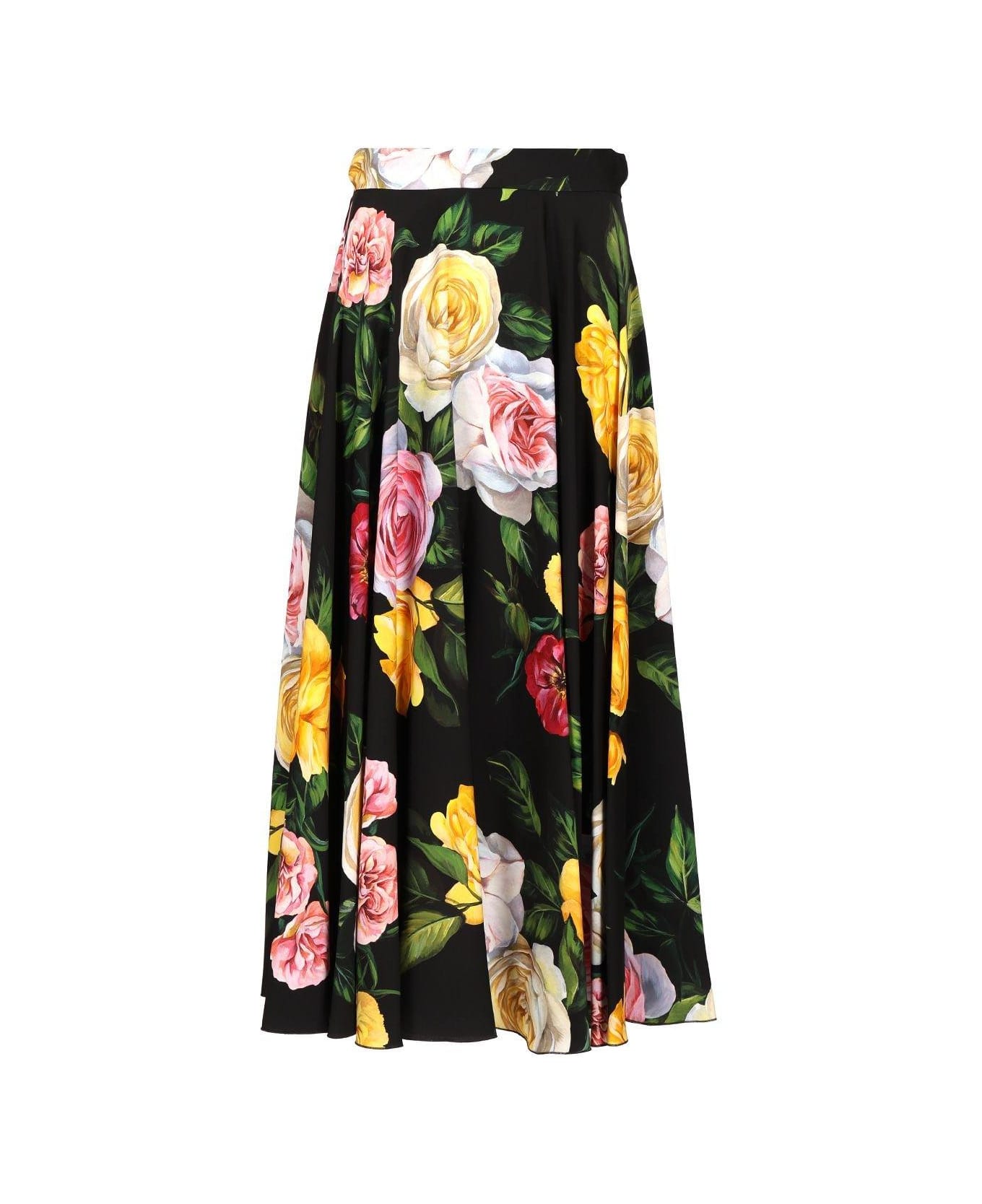 Dolce & Gabbana Floral Printed Midi Flared Skirt - Nero e Rosa
