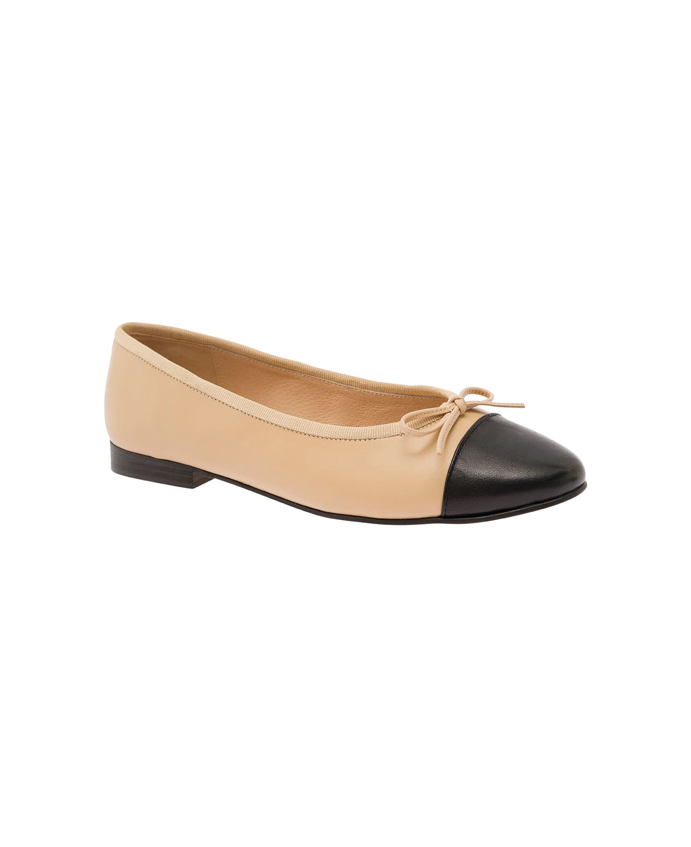 Jeffrey Campbell Beige Ballet Flats With Contrasting Toe And Bow In Leather Woman - Beige フラットシューズ