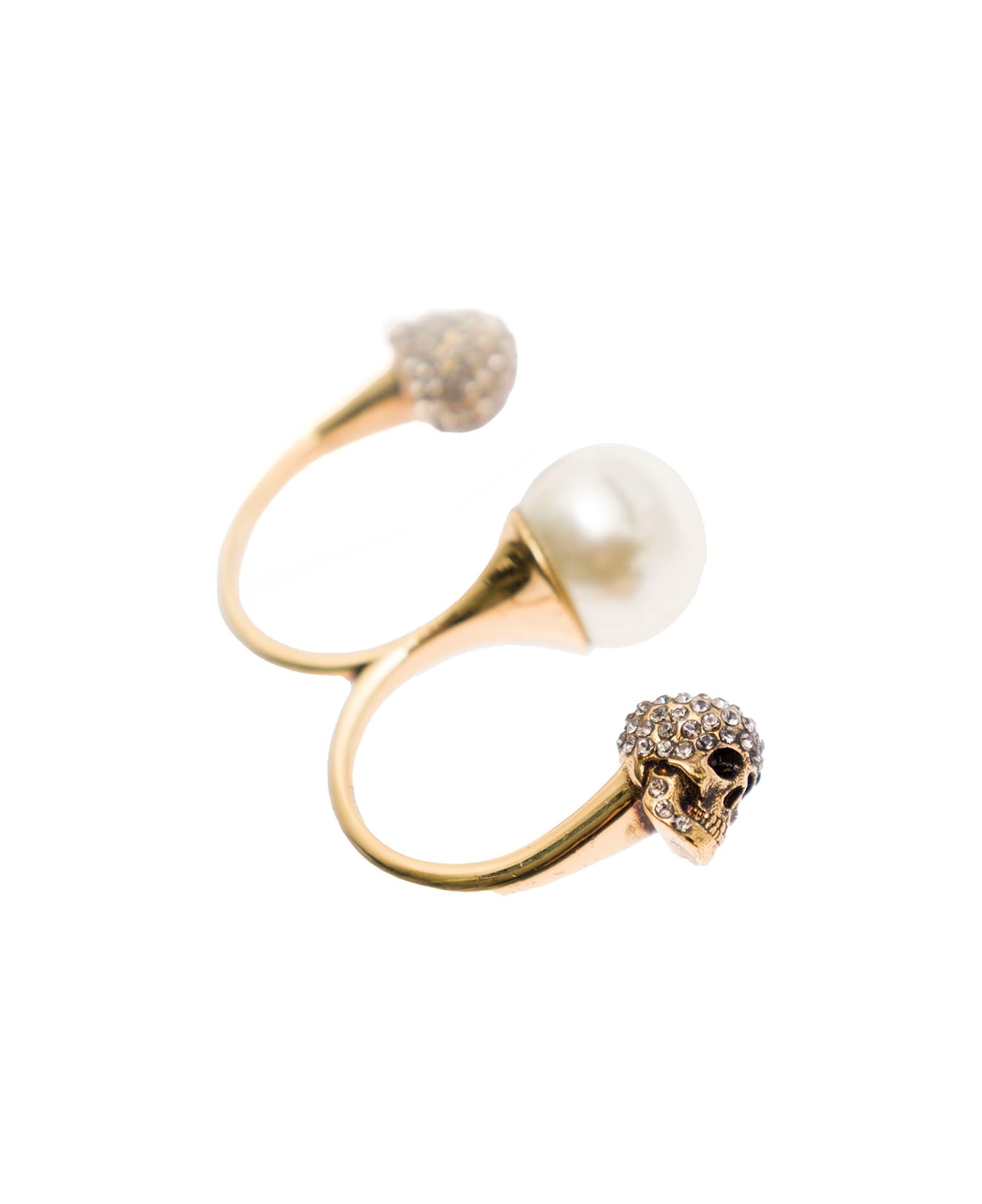 Alexander McQueen Gold-tone Double Ring With Crystal Embellished Skulls And Pearl In Brass - Metallic リング