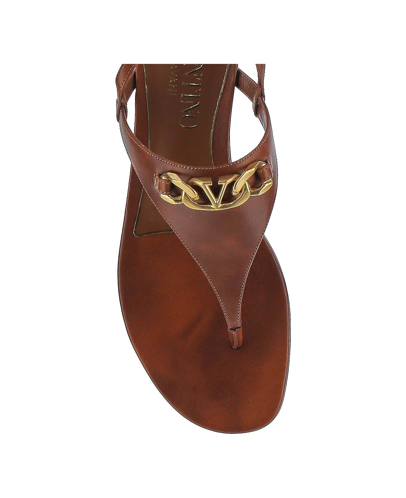 Valentino Garavani Vlogo Chain Calfskin Flat Thong Sandals - Leather Brown サンダル
