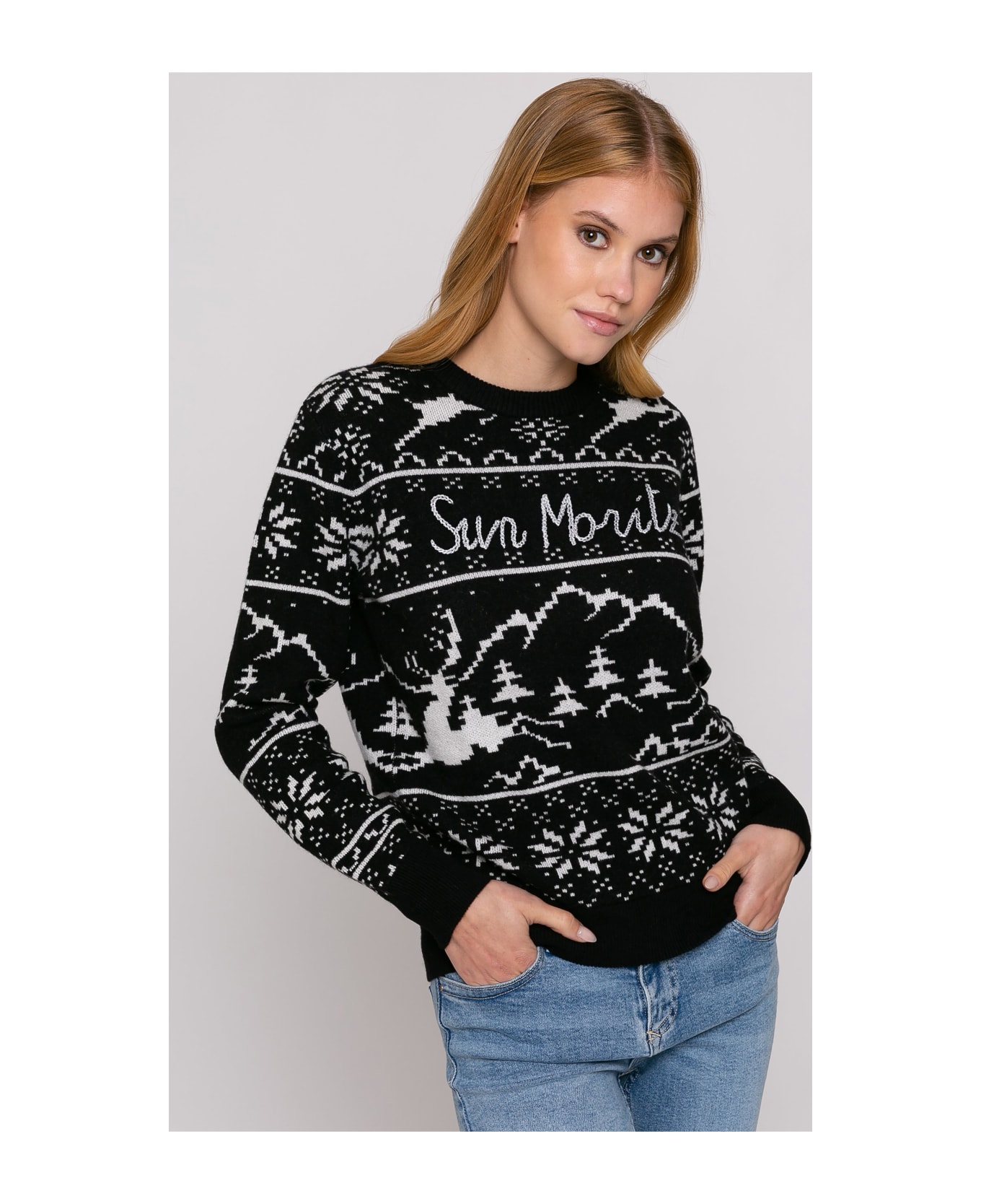 MC2 Saint Barth Woman Sweater With Norwegian Style Print And Sun Moritz Embroidery - BLACK