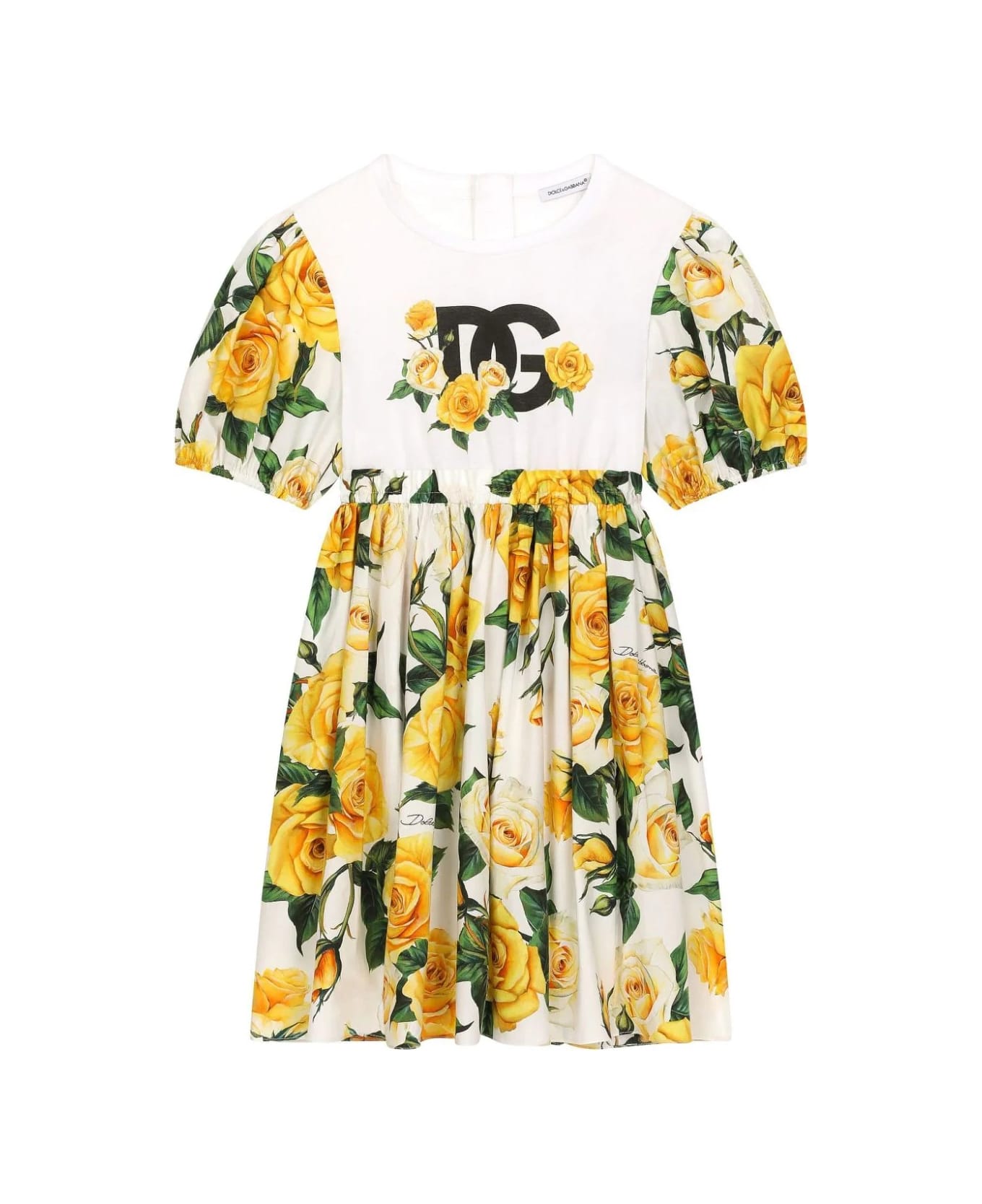 Dolce & Gabbana Jersey And Poplin Dress With Dg Logo And Yellow Rose Print - Yellow