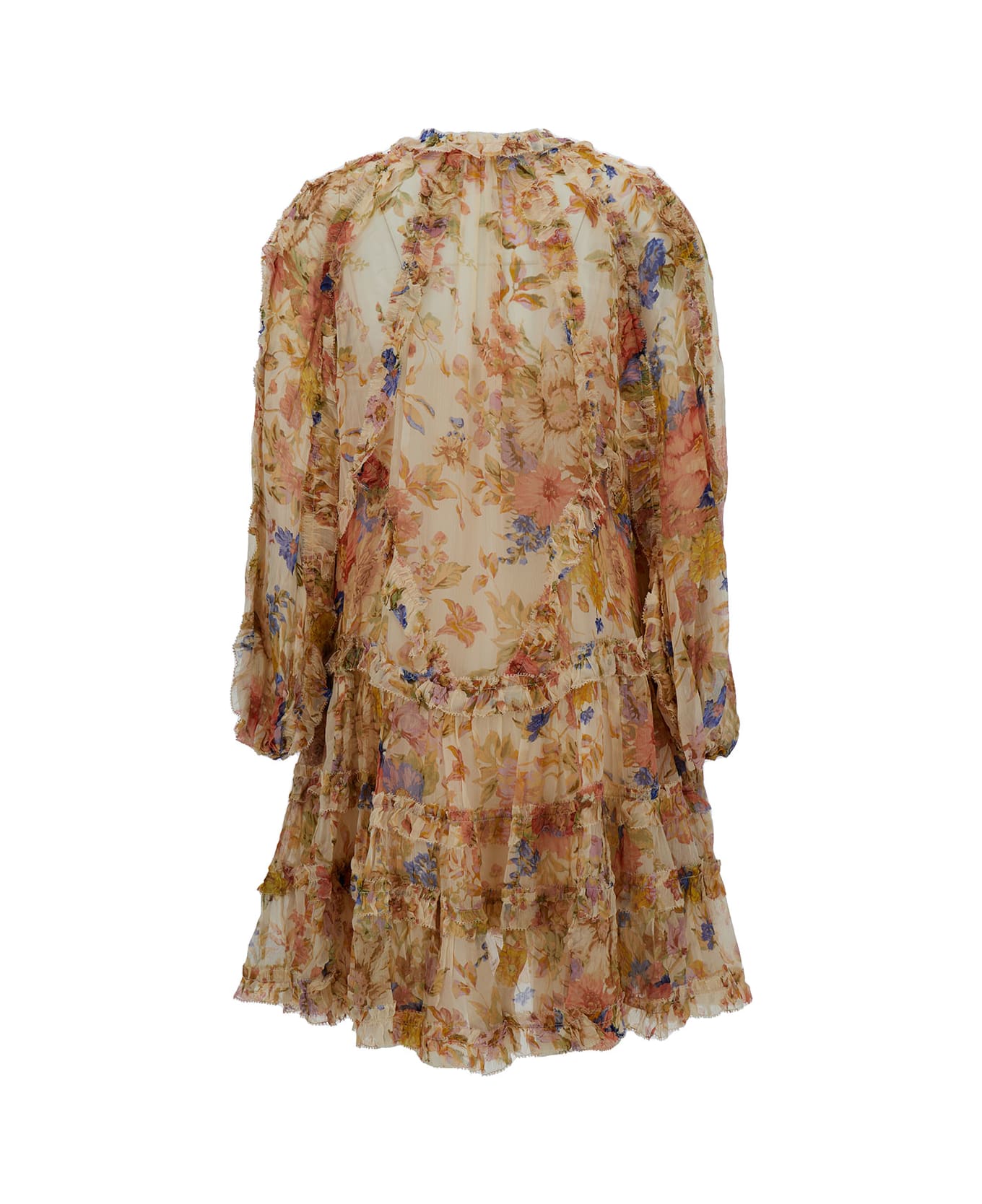 Zimmermann 'august' Mini Multicolor Frill Dress With Floreal Print In Viscose Woman - Multicolor