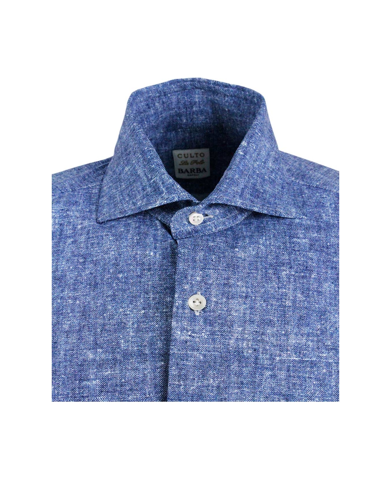 Barba Napoli Cult Shirt In Super Stretch In Denim Melange Color With Mother-of-pearl Buttons And Italian Collar - Denim