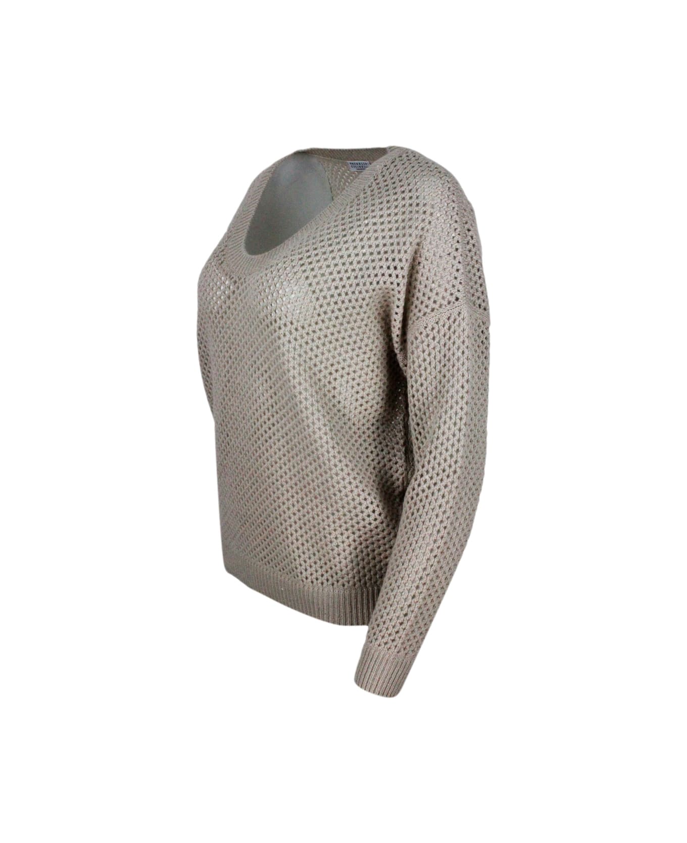 Brunello Cucinelli V-neck Sweater In Cashmere And Silk With Mesh Processing Embellished With Micro Sequins - Beige ニットウェア