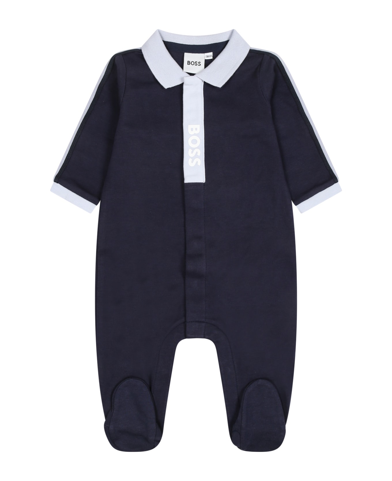 Hugo Boss Blue Cotton Babygrow For Baby Boy With Logo - Blue ボディスーツ＆セットアップ