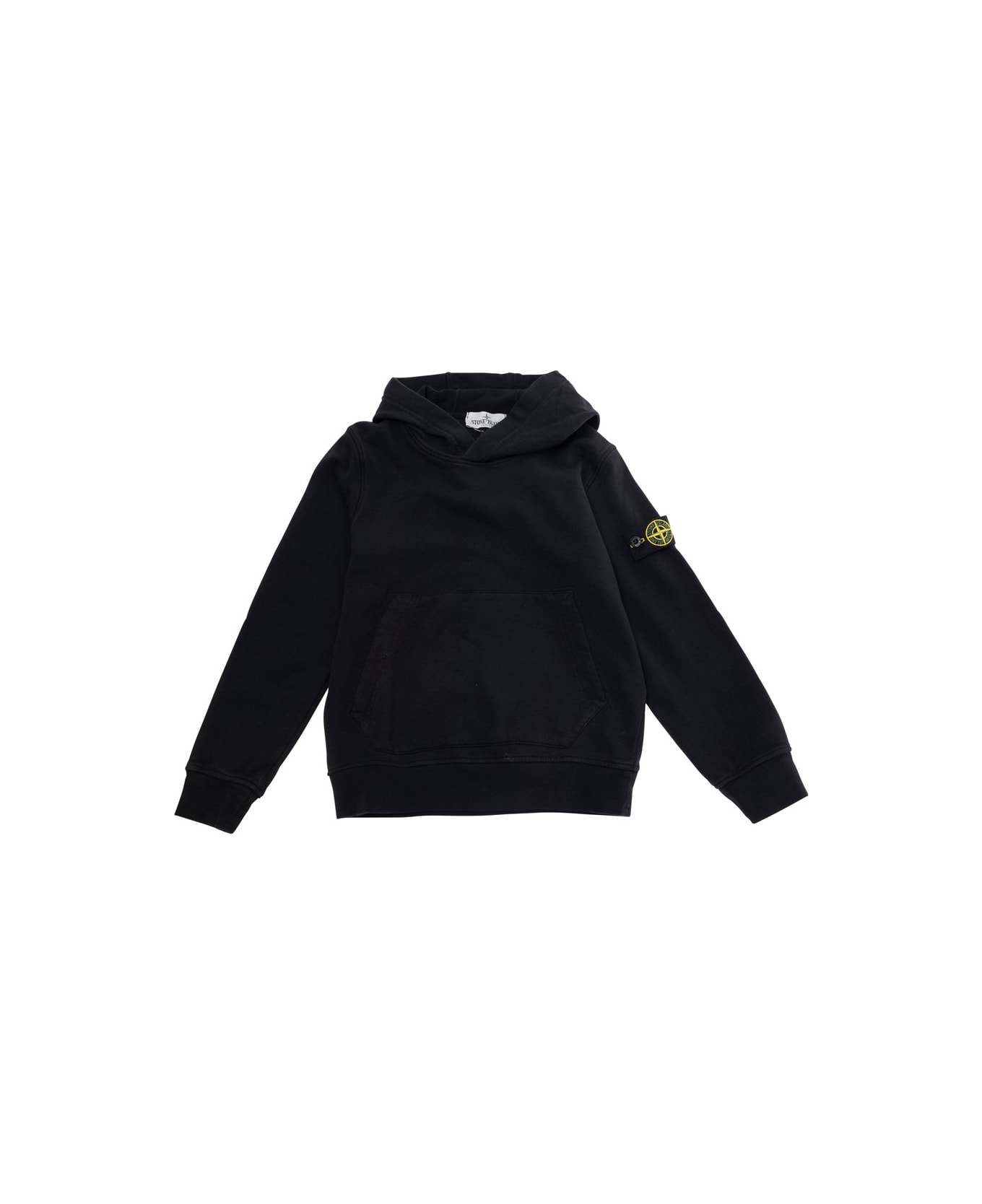 Stone Island Junior Black Hoodie With Logo Patch On The Sleeve In Cotton Boy - Black