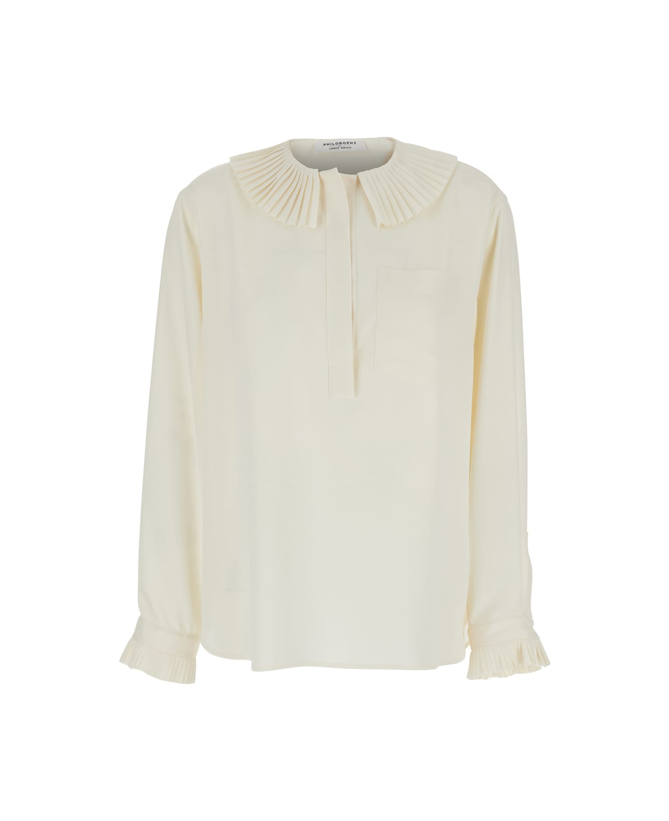 Philosophy di Lorenzo Serafini White Oversized Shirt With Ruffles On Collar And Cuffs In Tech Fabric Woman - Cream