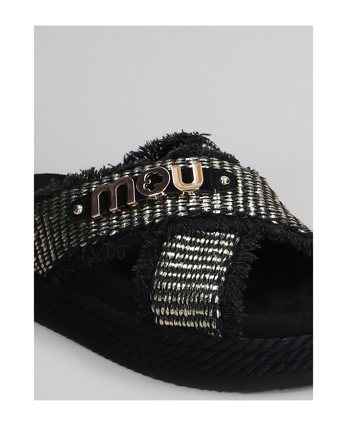 Mou Crisscross Flats In Black Raffia - black