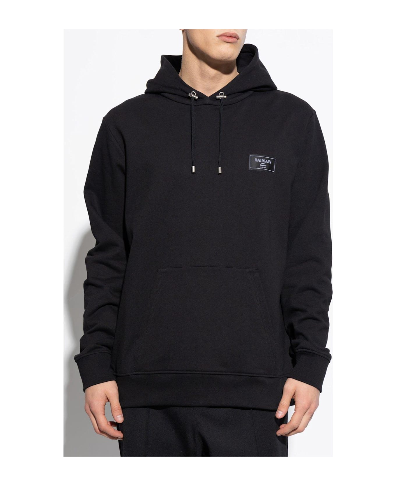 Balmain Logo Patch Drawstring Hoodie - Black